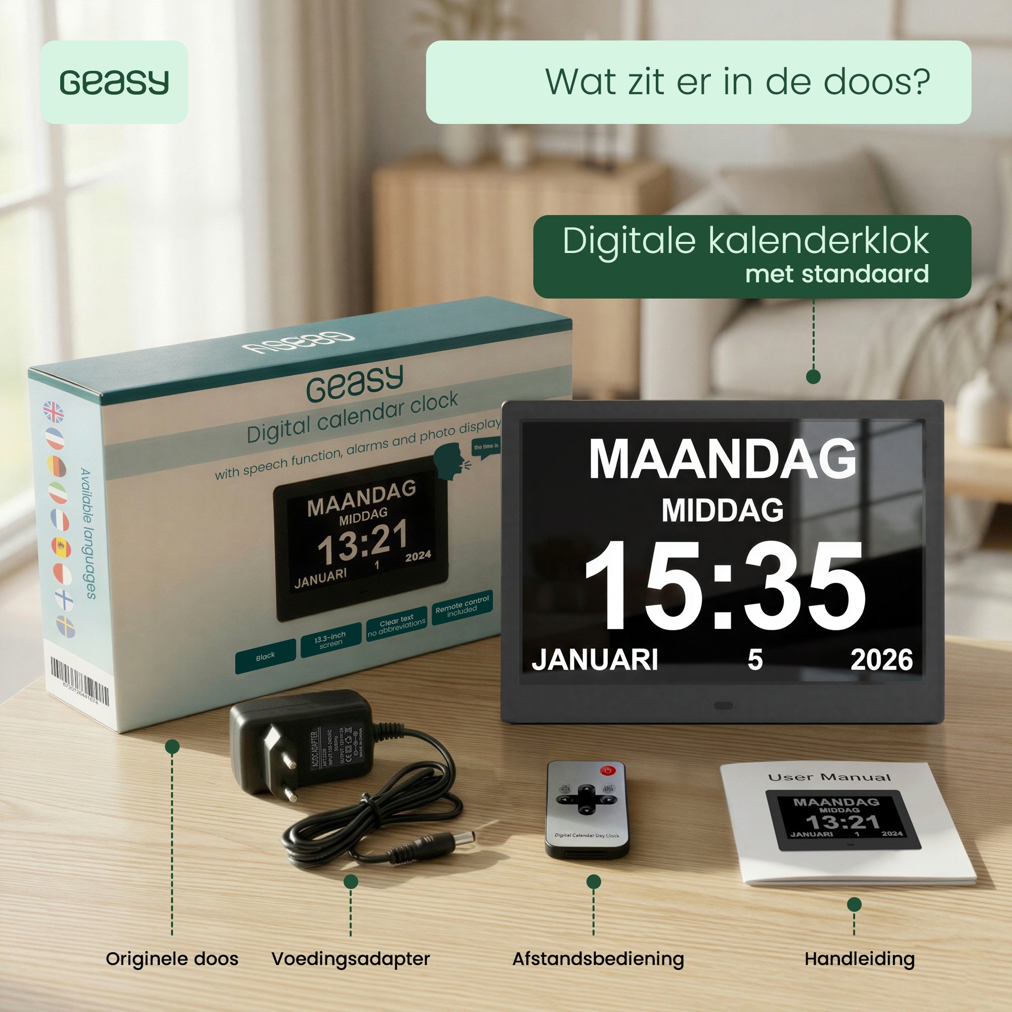 Inhoud van de doos van de Geasy digitale kalenderklok 13,3 inch met standaard, voedingsadapter, afstandsbediening en handleiding