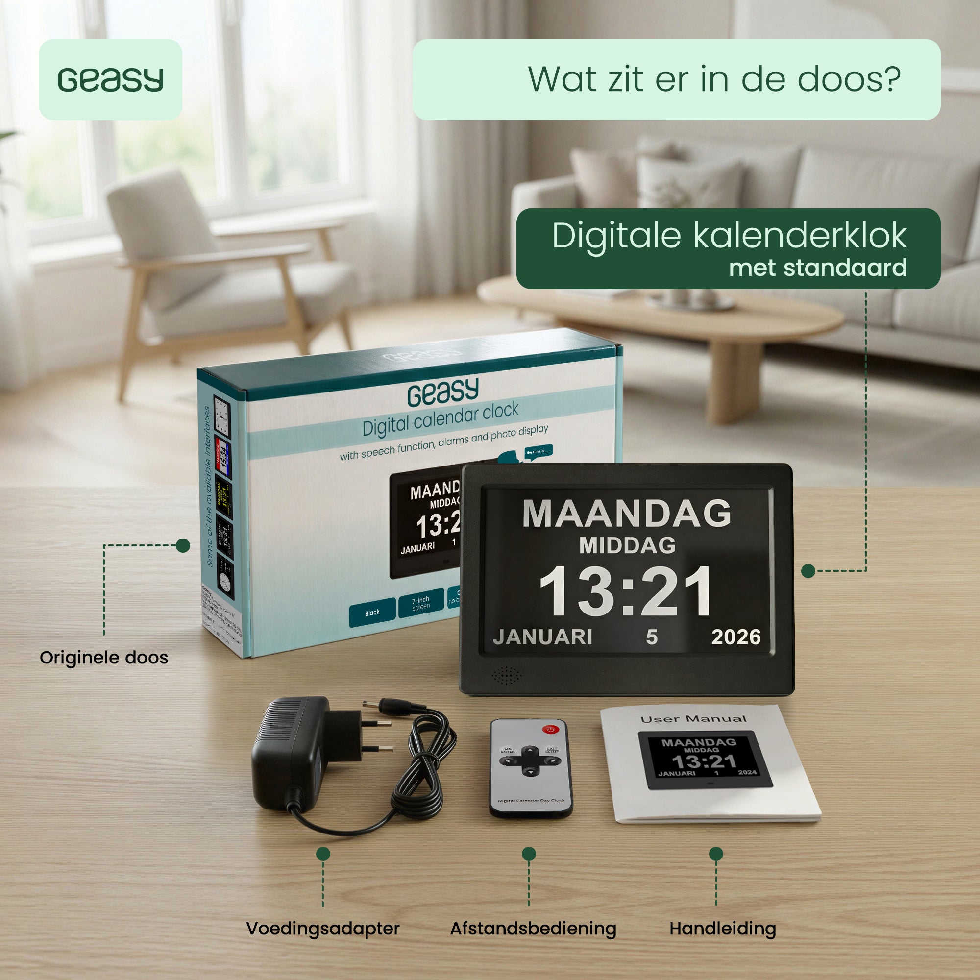GEASY kalenderklok geleverd met originele doos, voedingsadapter, afstandsbediening en handleiding