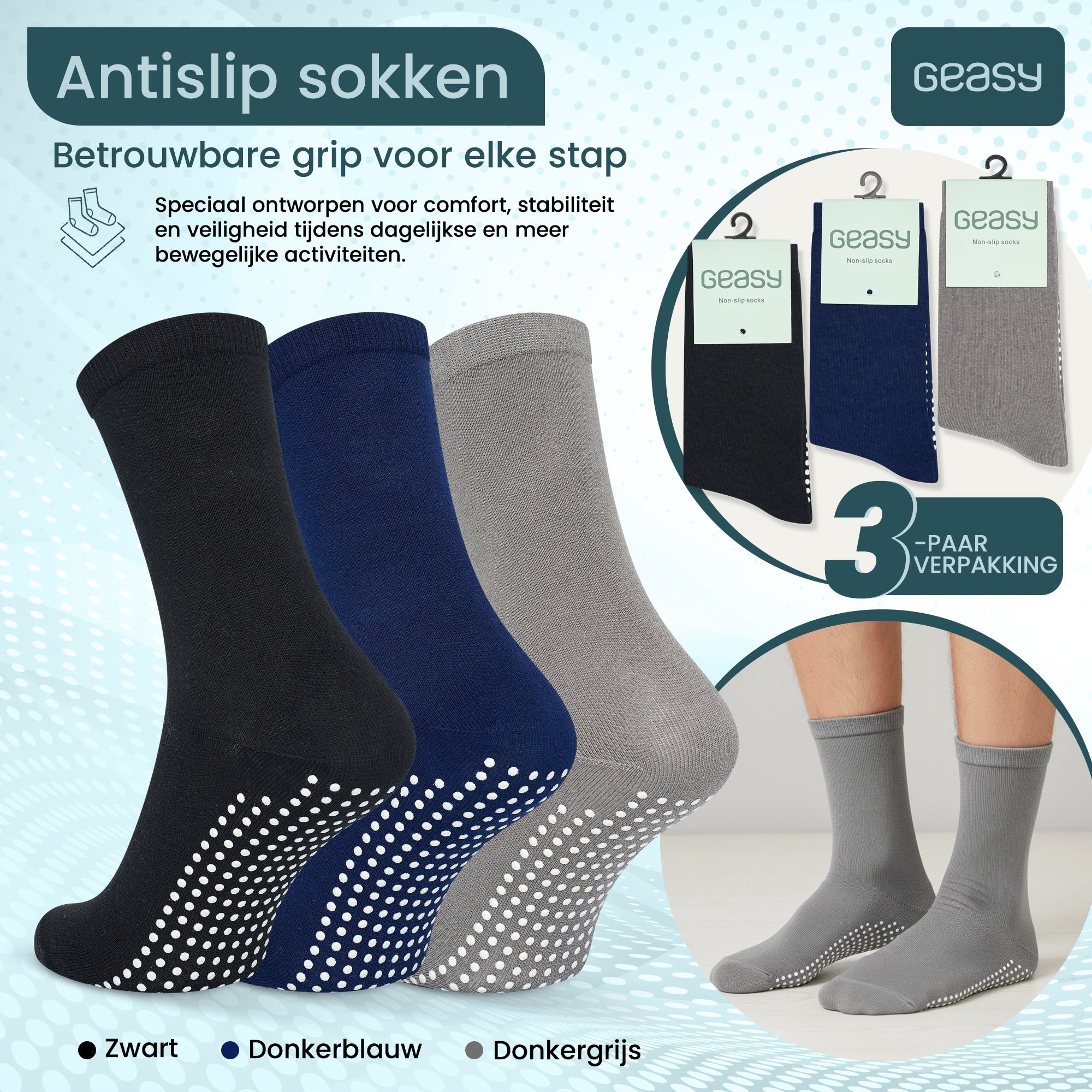 GEASY antislip sokken set van 3 paar in zwart, donkerblauw en grijs maat 36-41