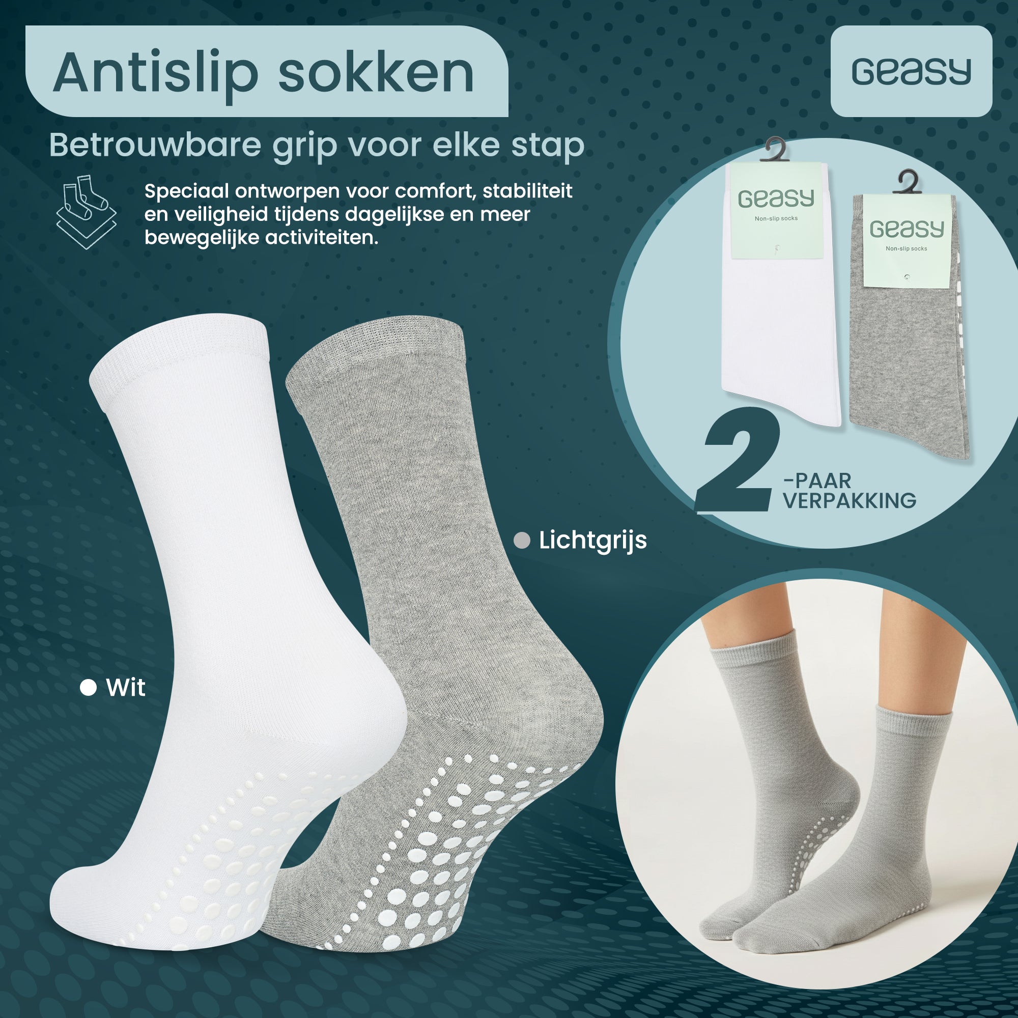 GEASY antislip sokken set van 2 paar in wit en lichtgrijs maat 36-41