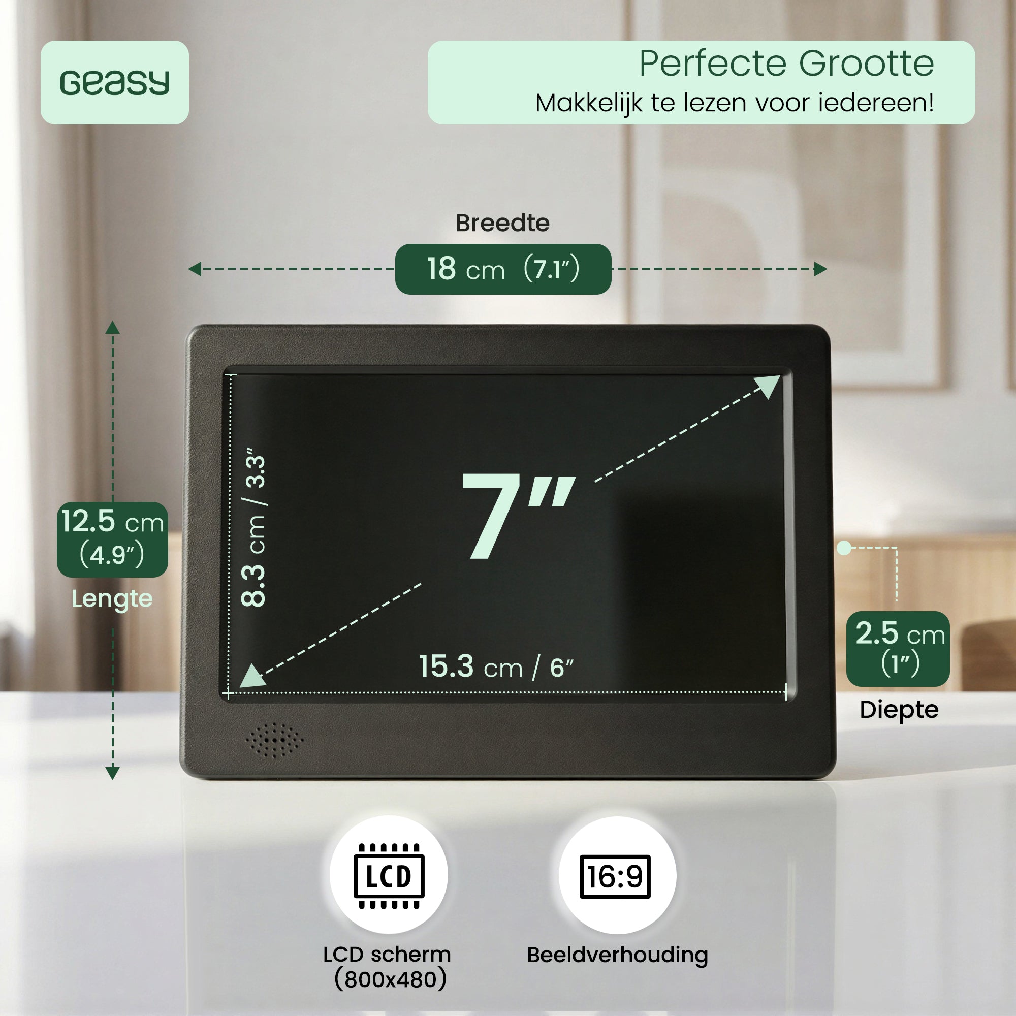 GEASY dementieklok 7 inch met afmetingen van scherm, breedte, hoogte en diepte
