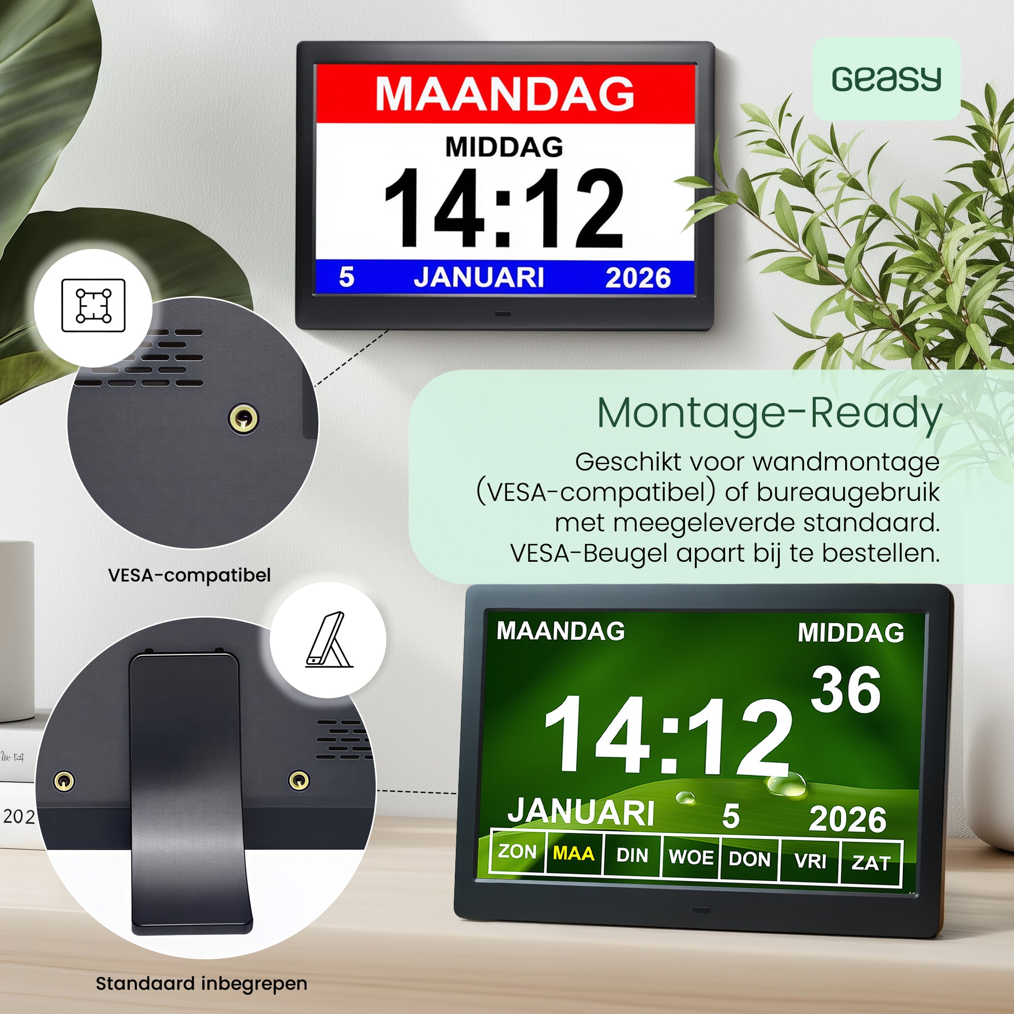 Geasy digitale kalenderklok 13,3 inch geschikt voor wandmontage of gebruik met standaard op tafel of bureau