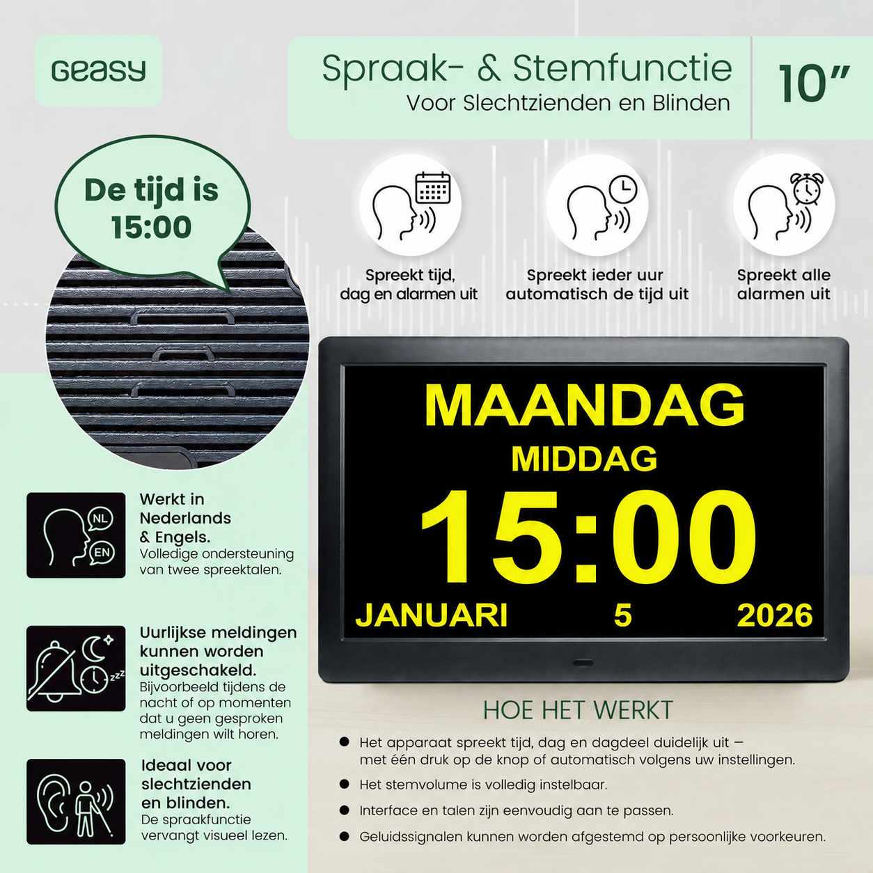 Geasy digitale kalenderklok 10 inch met spraak- en stemfunctie voor slechtzienden en blinden, inclusief gesproken tijd, datum en alarmen