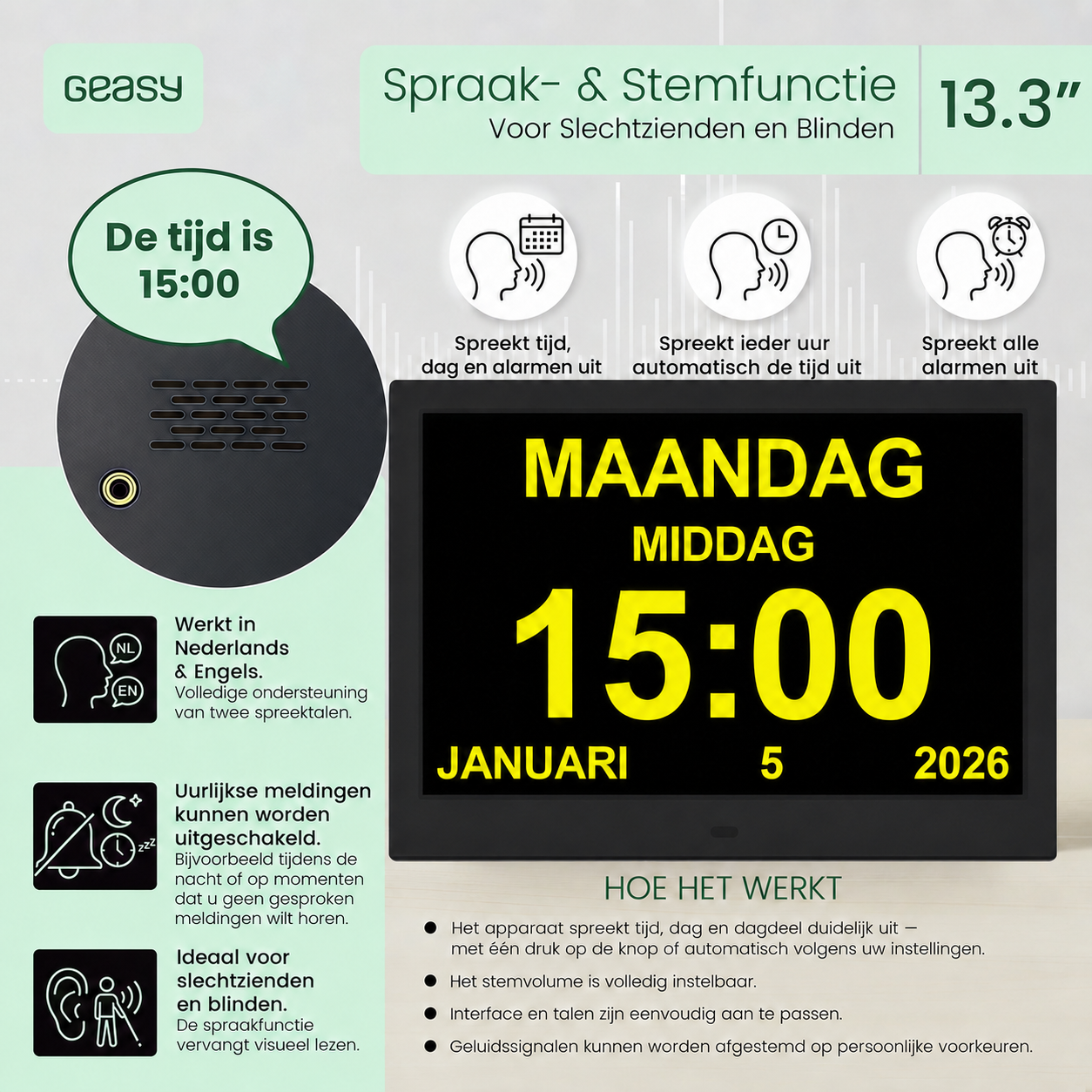 Geasy digitale kalenderklok 13,3 inch met spraak- en stemfunctie voor slechtzienden en blinden, inclusief gesproken tijd, datum en alarmen