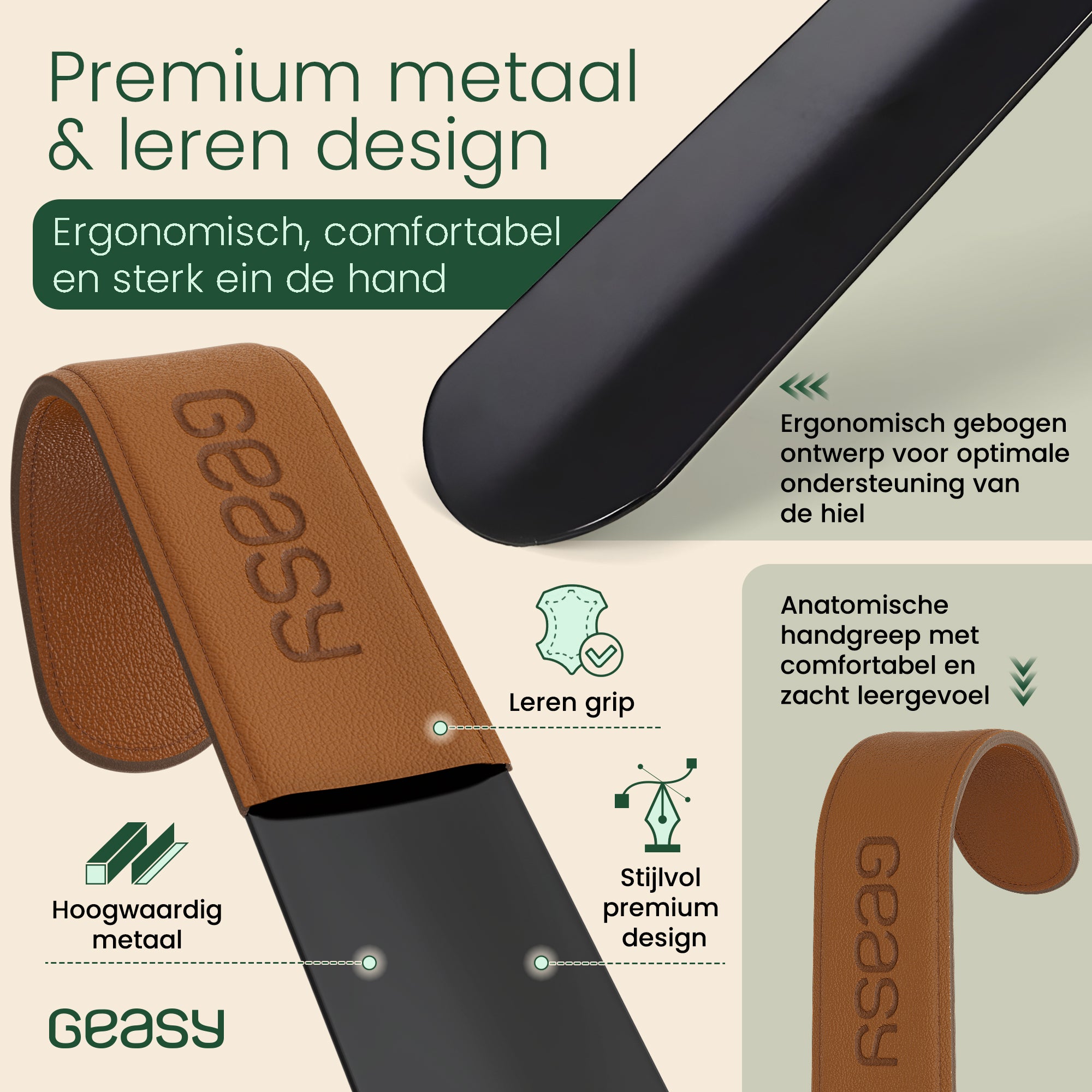 GEASY schoenlepel 42 cm met premium metaal en ergonomisch leren handvat