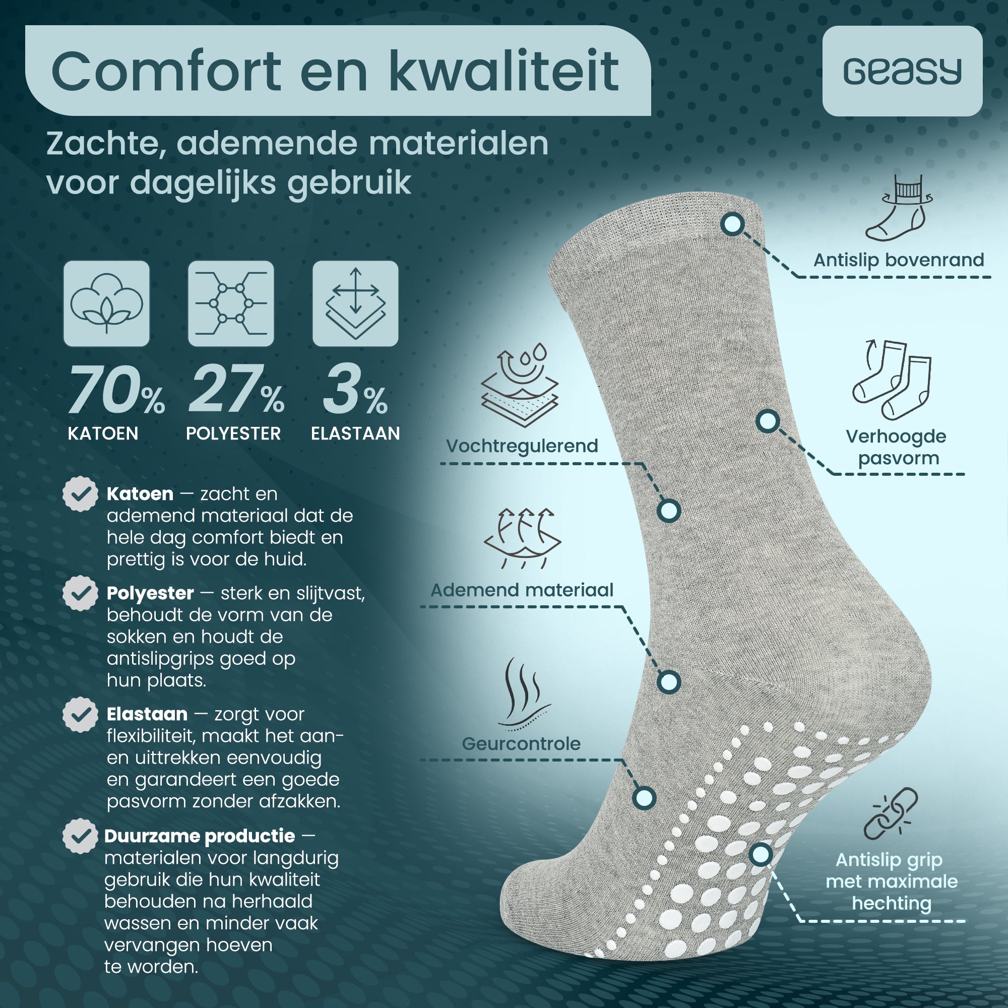 GEASY lichtgrijze antislip sok met ademend materiaal en Flex Grip antislipzool