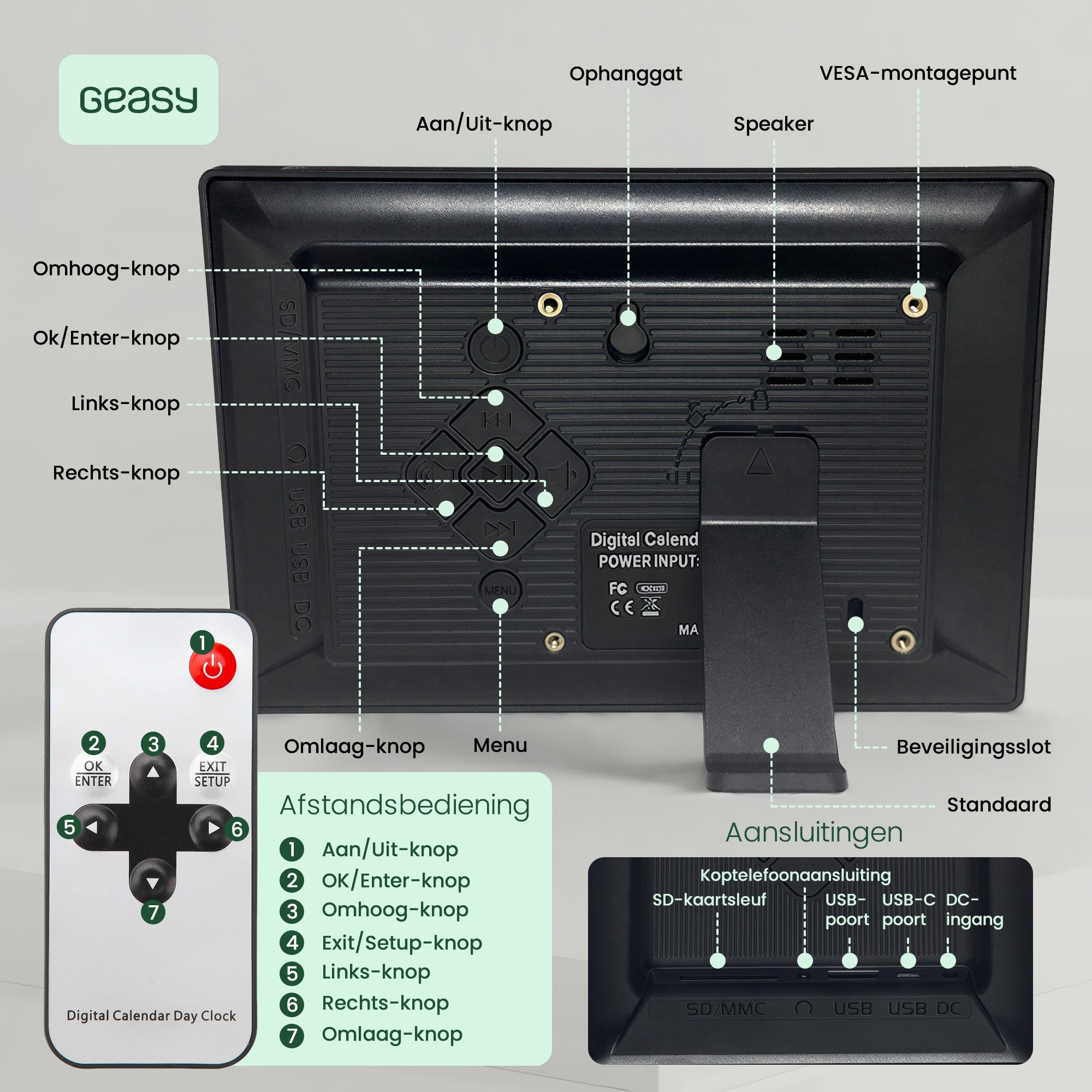 GEASY dementieklok achterzijde met knoppen, speaker, aansluitingen en afstandsbediening