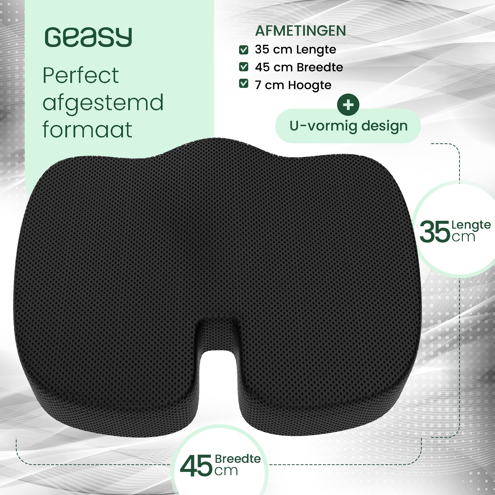 GEASY orthopedisch zitkussen zwart met U-vormig design en afmetingen 35 x 45 x 7 cm