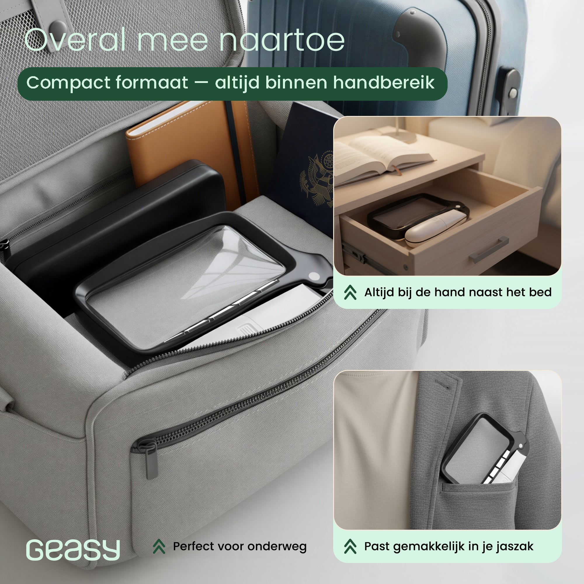 GEASY compacte leesloep met verlichting op reis in tas, lade en jaszak