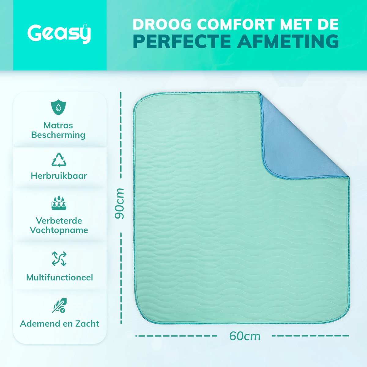 GEASY wasbare incontinentie onderlegger 60x90 cm met instopstroken – ademende matrasbeschermer tegen doorlekken.