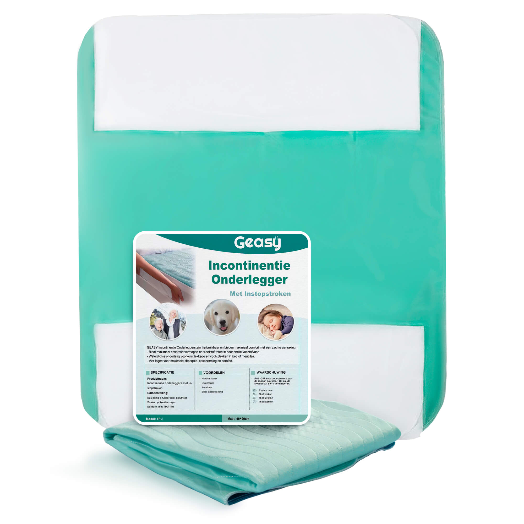 GEASY wasbare incontinentie onderlegger 60x90 cm met instopstroken – duurzame en waterdichte matrasbeschermer voor bed, stoel of bank. Wasbaar op 90 graden, snel drogend en geschikt voor ouderen, kinderen en huisdieren.