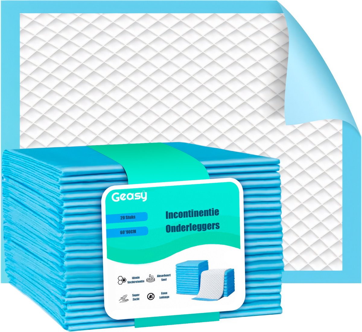 Wasbare incontinentie onderlegger 60x90 cm van Geasy – waterdicht, snel drogend en geschikt voor bed, stoel of bank. Met zachte bovenlaag, vijf lagen voor optimale opname en wasbaar op 90 graden. Geschikt voor ouderen, kinderen en huisdieren.