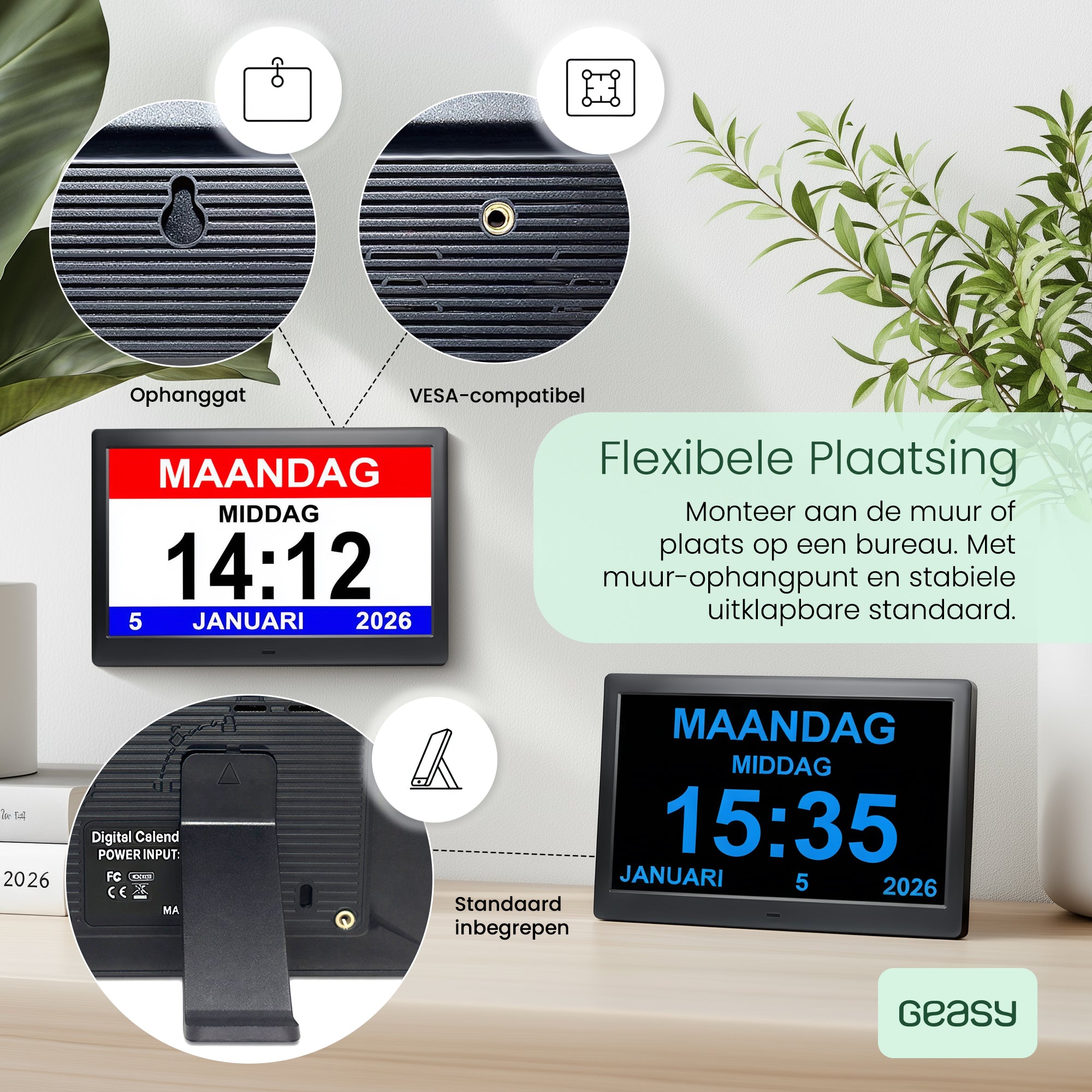 Geasy digitale kalenderklok met flexibele plaatsing, geschikt voor muurmontage of neerzetten met standaard