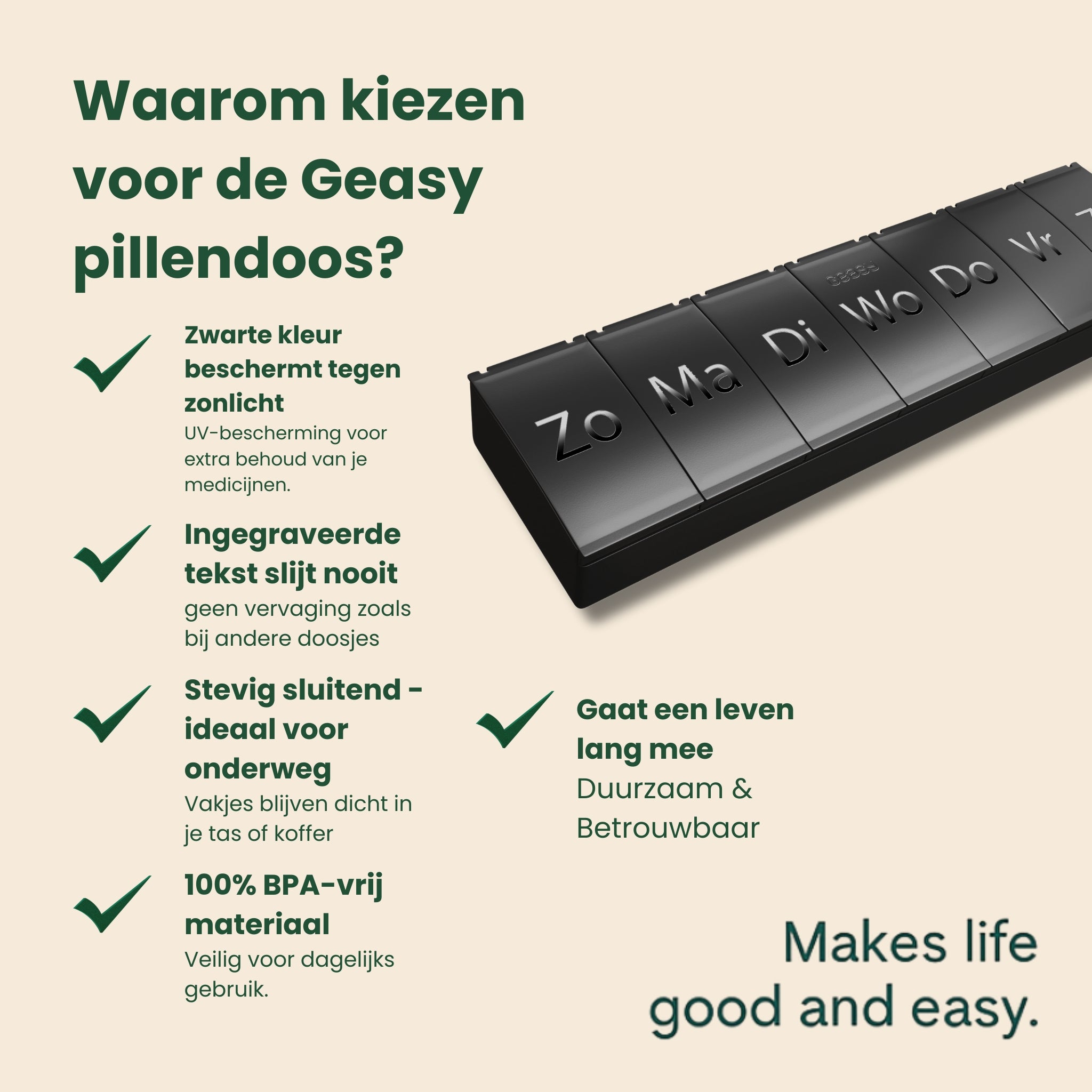 Zwarte 7-daagse pillendoos met ingegraveerde dag aanduiding, geschikt voor medicijnen, supplementen en vitamines. Compact, stevig en duurzaam ontwerp met één ruim vak per dag. Ideaal voor dagelijks gebruik en onderweg.