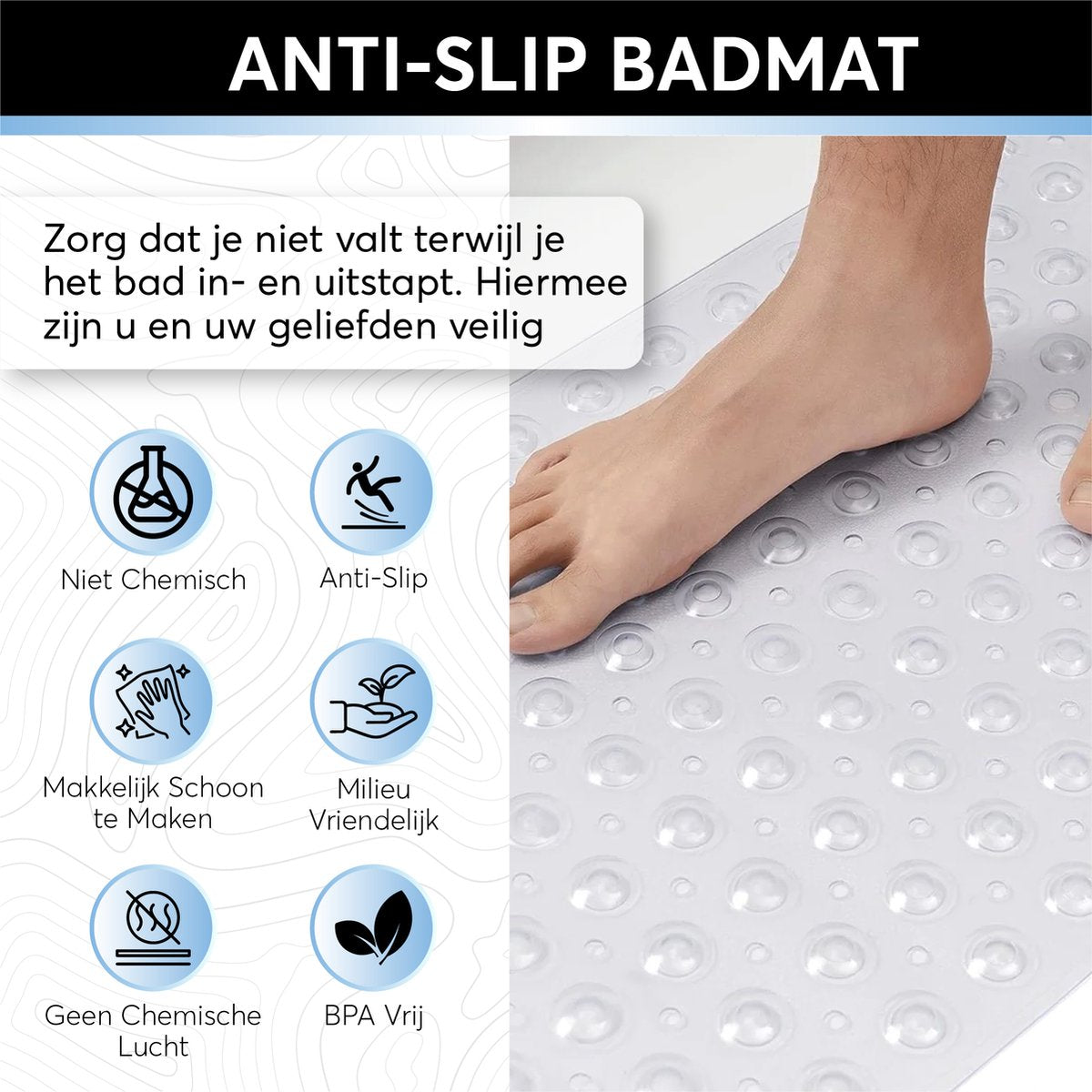 Kenmerken van de GEASY antislip badmat: Anti-slip, makkelijk schoon te maken, milieuvriendelijk, geen chemische lucht, BPA-vrij