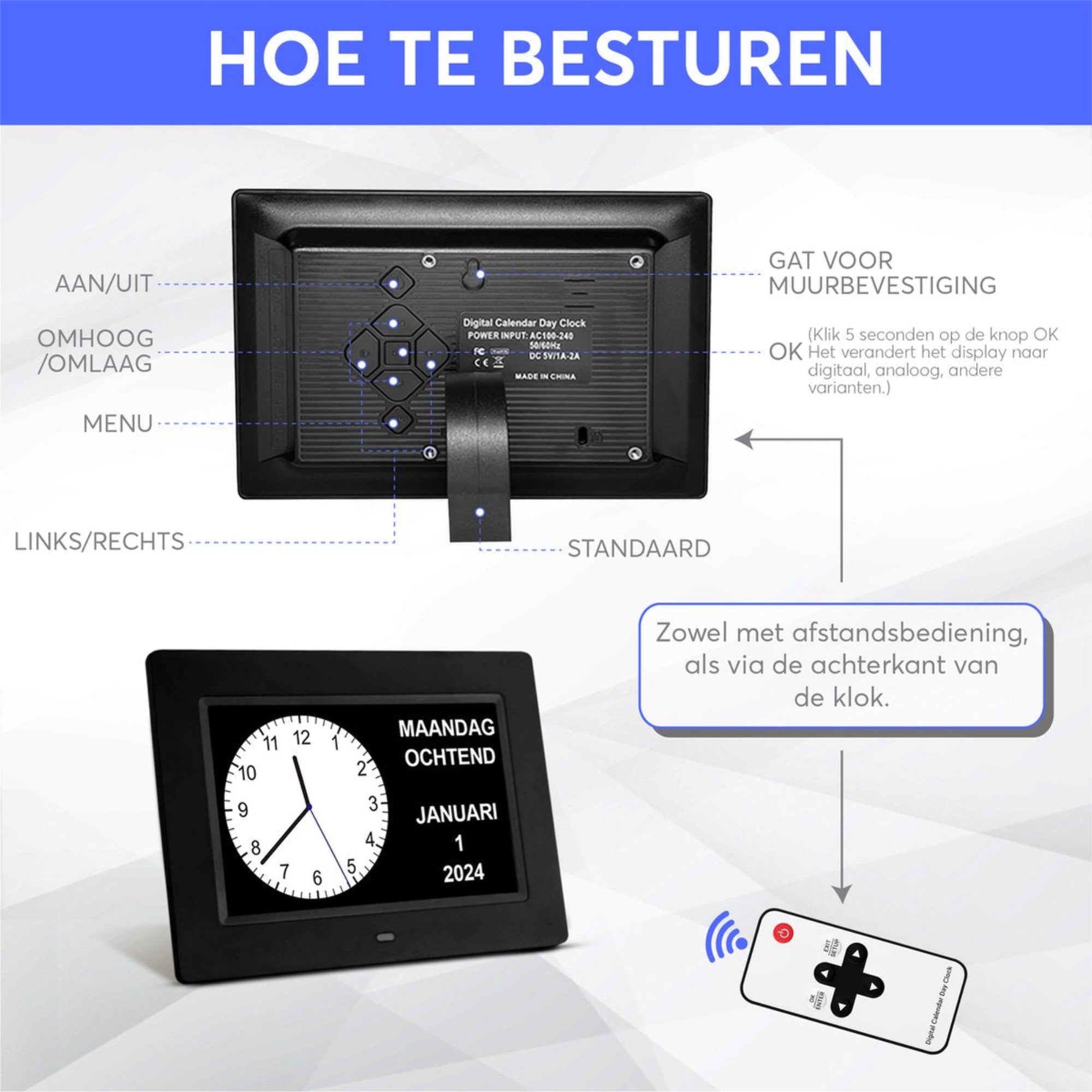 GEASY Dementieklok 13,3 inch met extra groot HD-scherm, 24 instelbare alarmen en automatische dimfunctie – ideaal voor ouderen met dementie, Alzheimer of slecht zicht. Inclusief afstandsbediening, kalenderfunctie en standaard.