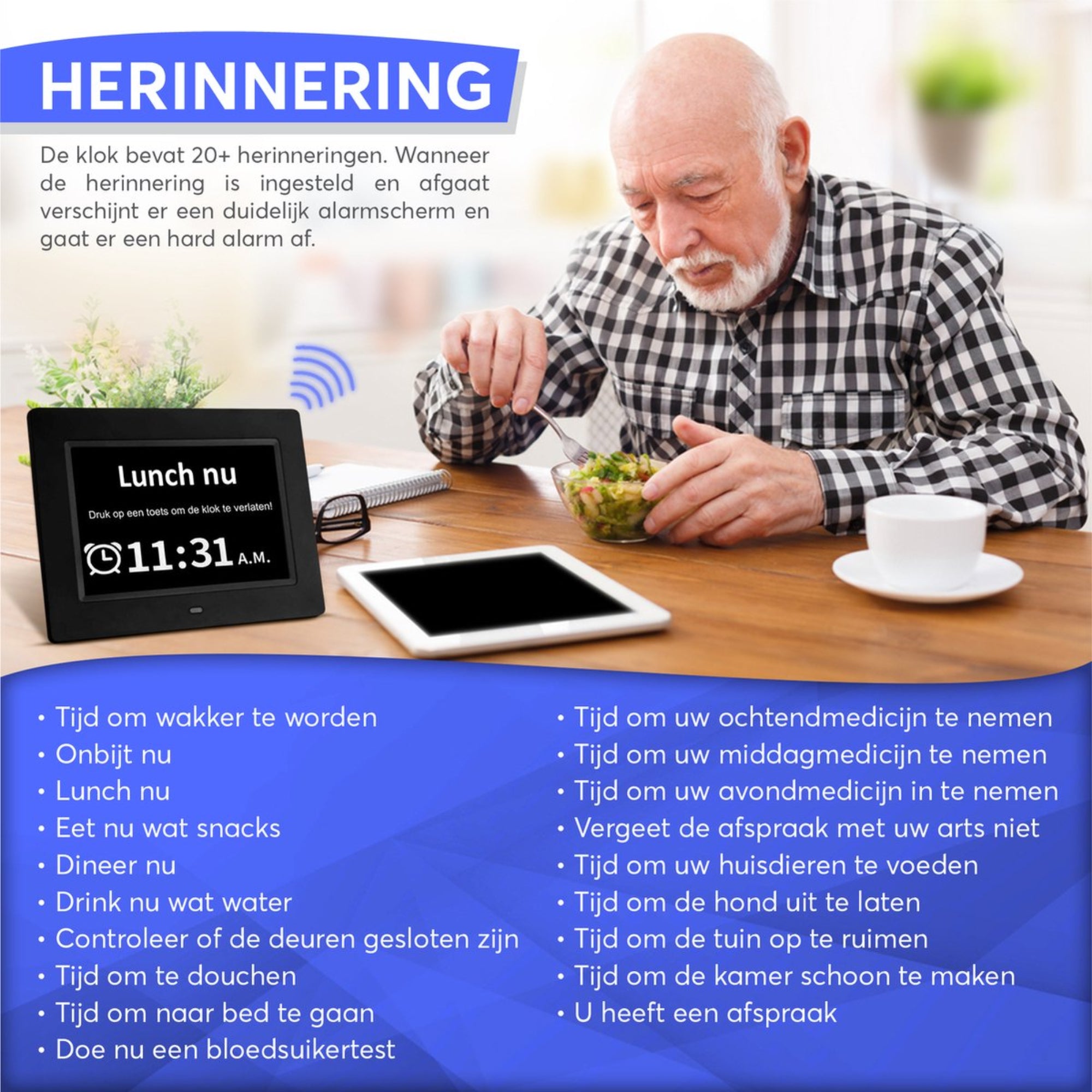GEASY Dementieklok 13,3 inch met extra groot HD-scherm, 24 instelbare alarmen en automatische dimfunctie – ideaal voor ouderen met dementie, Alzheimer of slecht zicht. Inclusief afstandsbediening, kalenderfunctie en standaard.