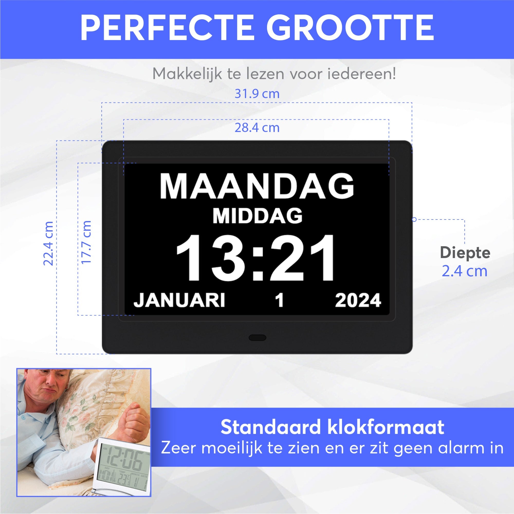 GEASY Dementieklok 13,3 inch met extra groot HD-scherm, 24 instelbare alarmen en automatische dimfunctie – ideaal voor ouderen met dementie, Alzheimer of slecht zicht. Inclusief afstandsbediening, kalenderfunctie en standaard.