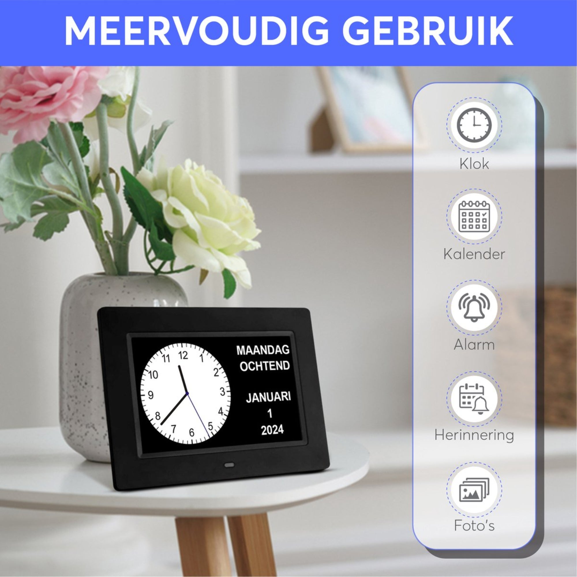 GEASY Dementieklok 13,3 inch met extra groot HD-scherm, 24 instelbare alarmen en automatische dimfunctie – ideaal voor ouderen met dementie, Alzheimer of slecht zicht. Inclusief afstandsbediening, kalenderfunctie en standaard.