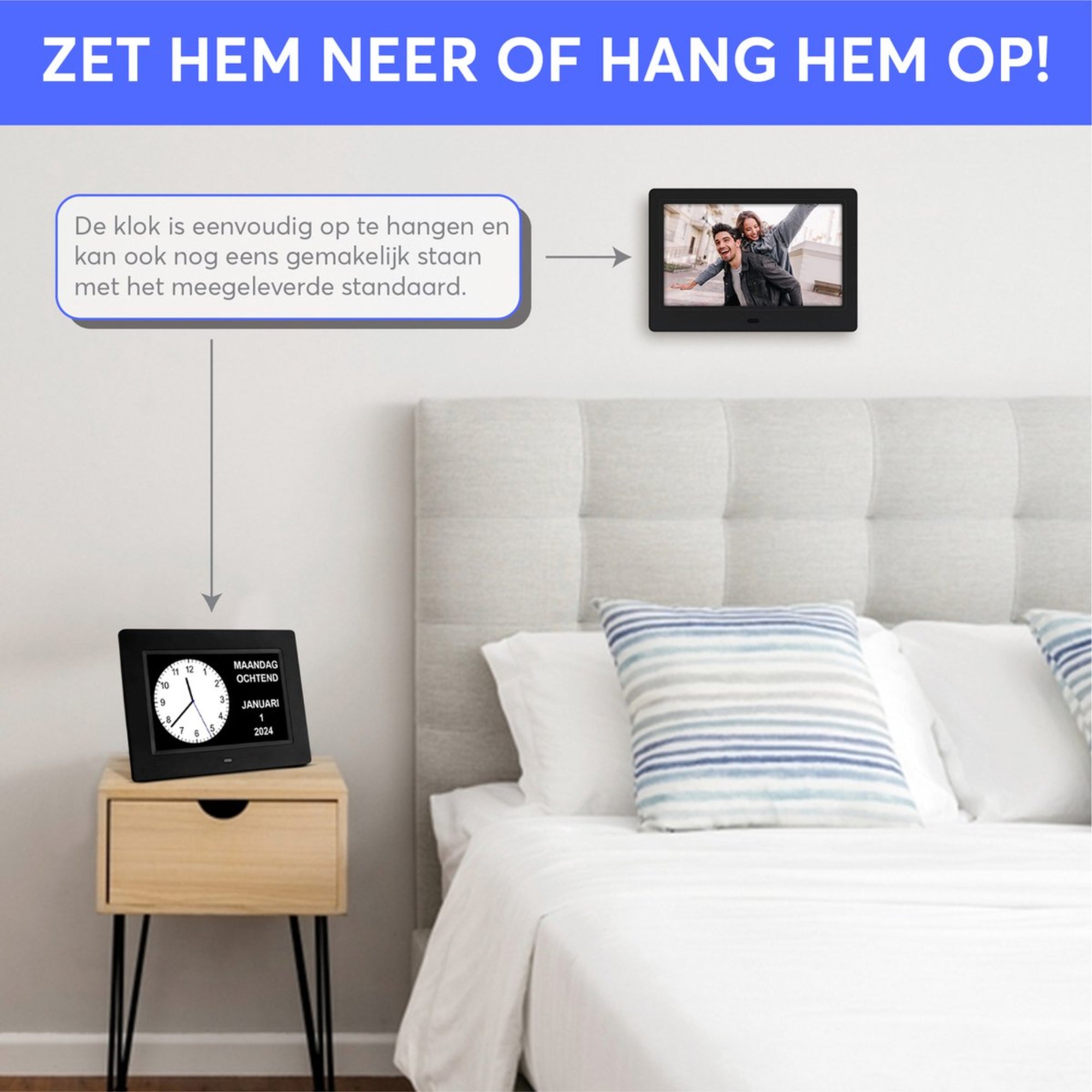 GEASY Dementieklok 13,3 inch met extra groot HD-scherm, 24 instelbare alarmen en automatische dimfunctie – ideaal voor ouderen met dementie, Alzheimer of slecht zicht. Inclusief afstandsbediening, kalenderfunctie en standaard.