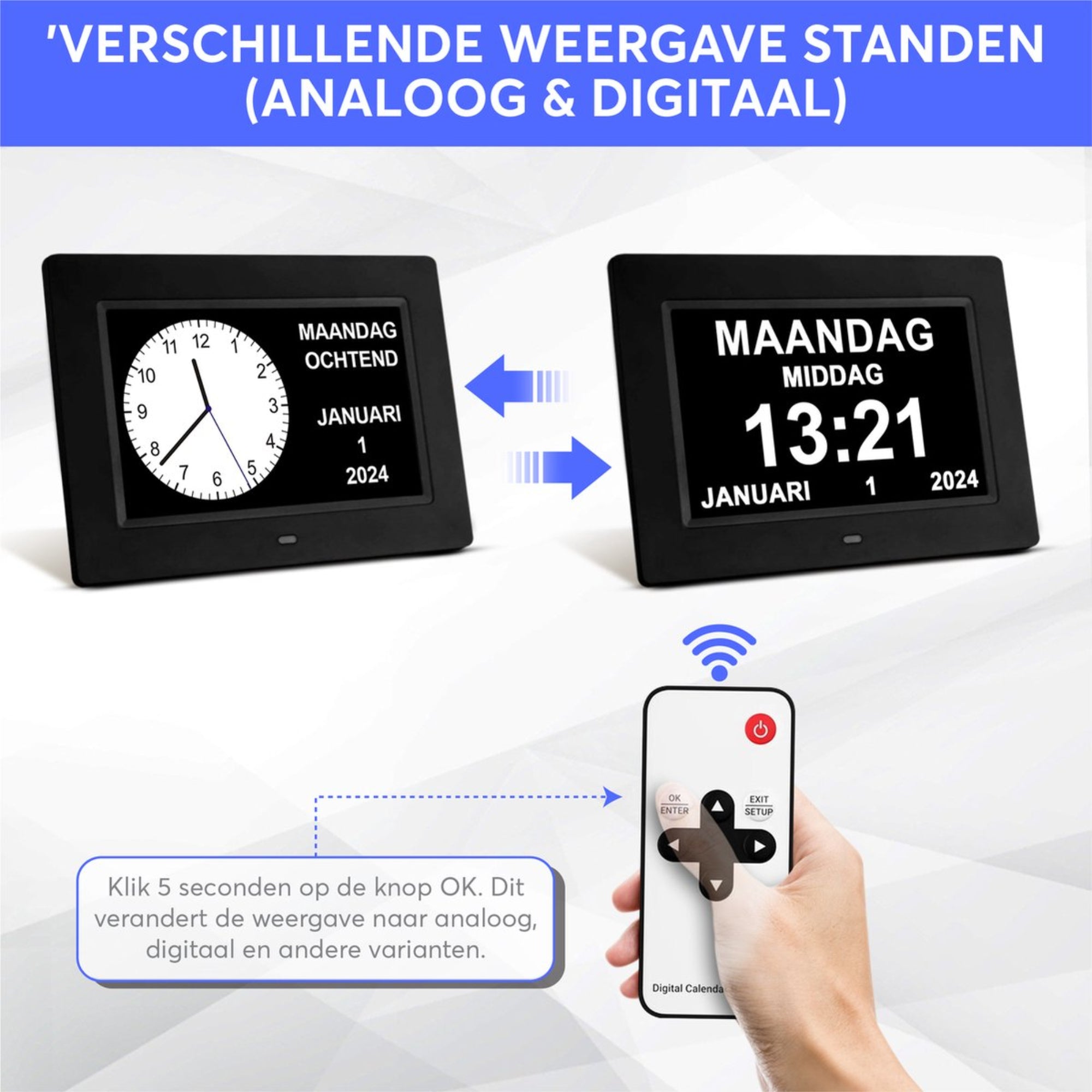 GEASY Dementieklok 13,3 inch met extra groot HD-scherm, 24 instelbare alarmen en automatische dimfunctie – ideaal voor ouderen met dementie, Alzheimer of slecht zicht. Inclusief afstandsbediening, kalenderfunctie en standaard.