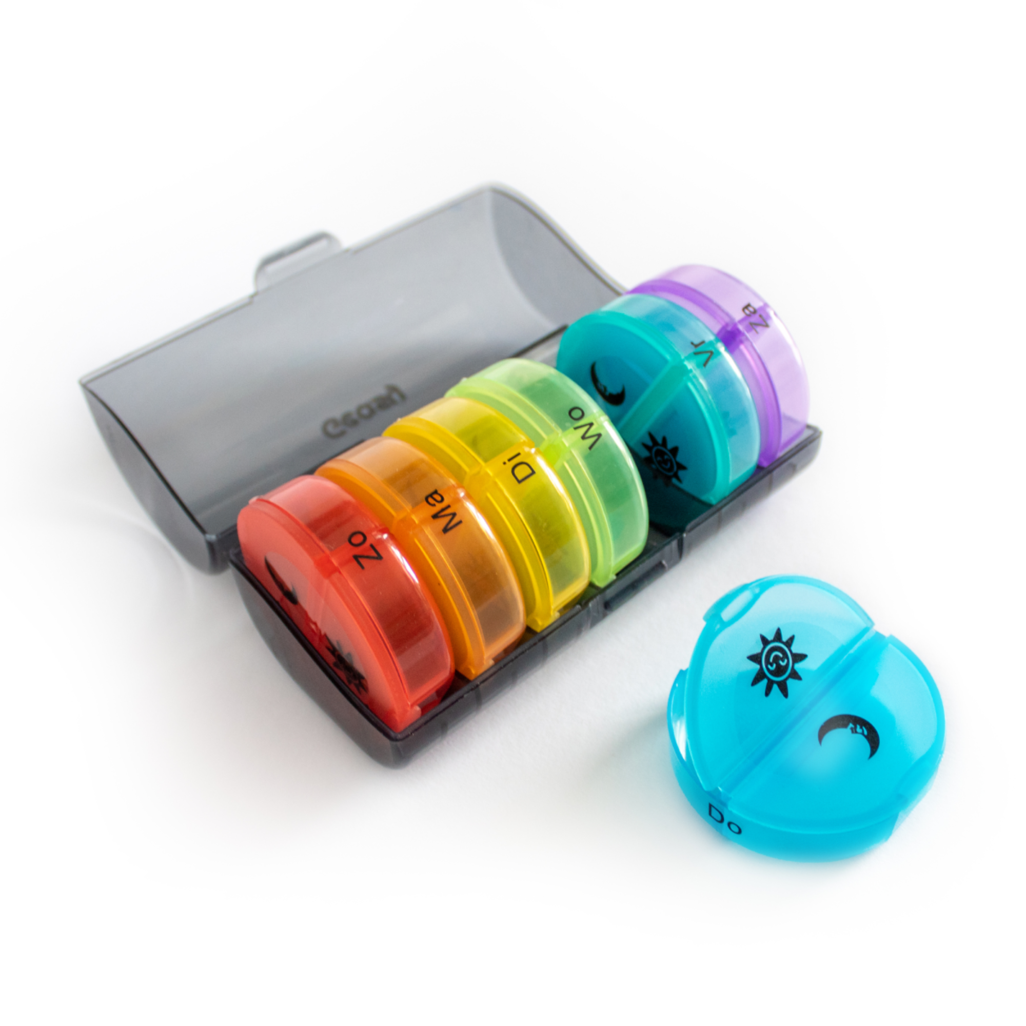 Pillendoos 7-dagen met 2 vakken per dag – zwart opbergdoos, gekleurde dagdoosjes