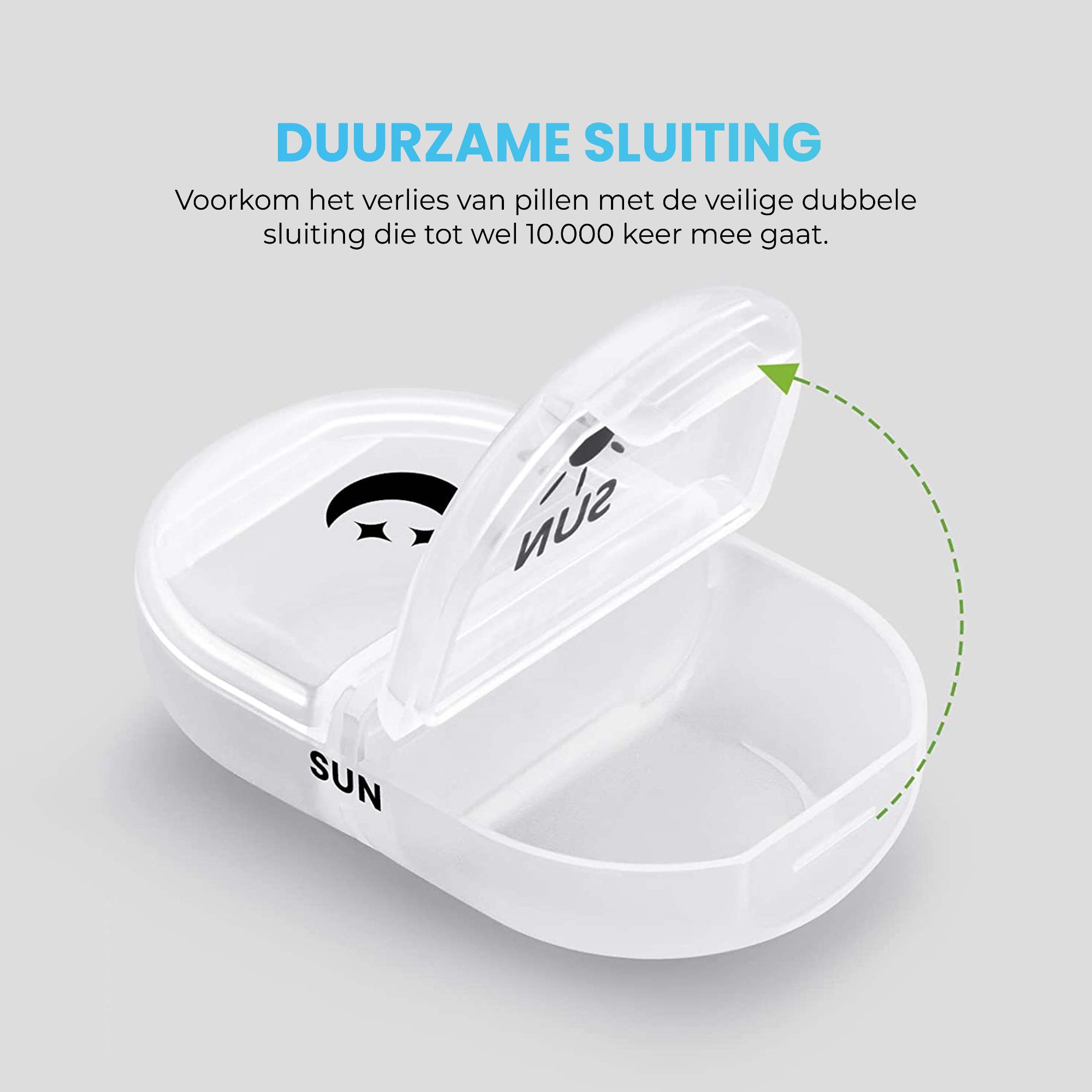 Medicijndoos met stevige dubbele sluiting – voorkomt verlies van pillen en ongewenste opening