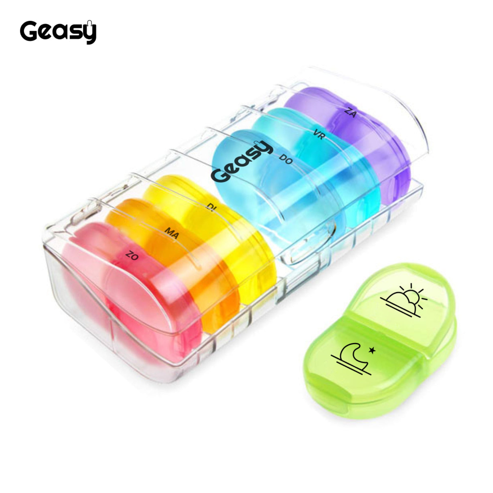 GEASY pillendoos 7 dagen 2 vakken transparant-gekleurd – medicijn organizer met ochtend- en avondindeling