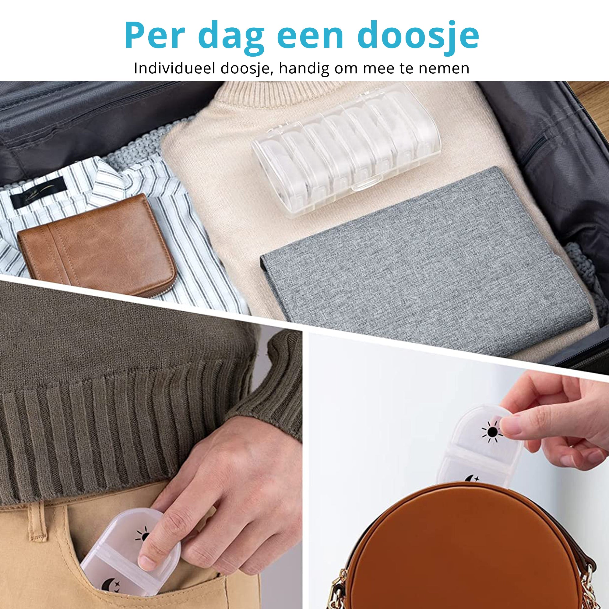 Pillendoos voor op reis 7 dagen 2 vakken transparant – compact formaat, perfect voor handbagage en dagelijks gebruik