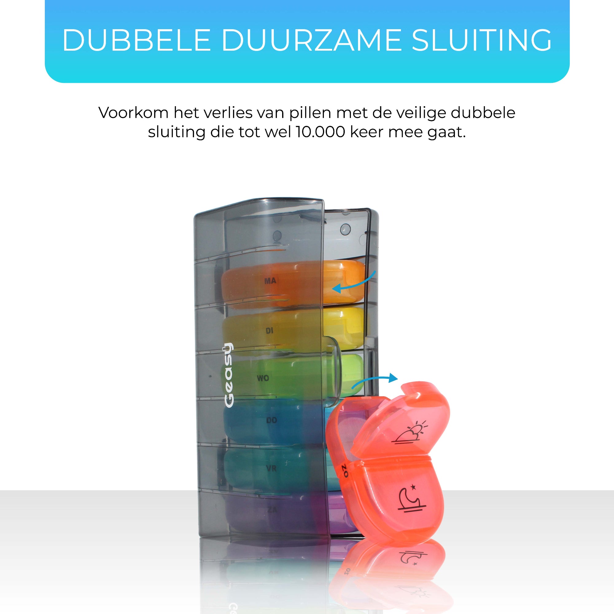 Medicijndoos met stevige dubbele sluiting – voorkomt verlies van pillen en ongewenste opening