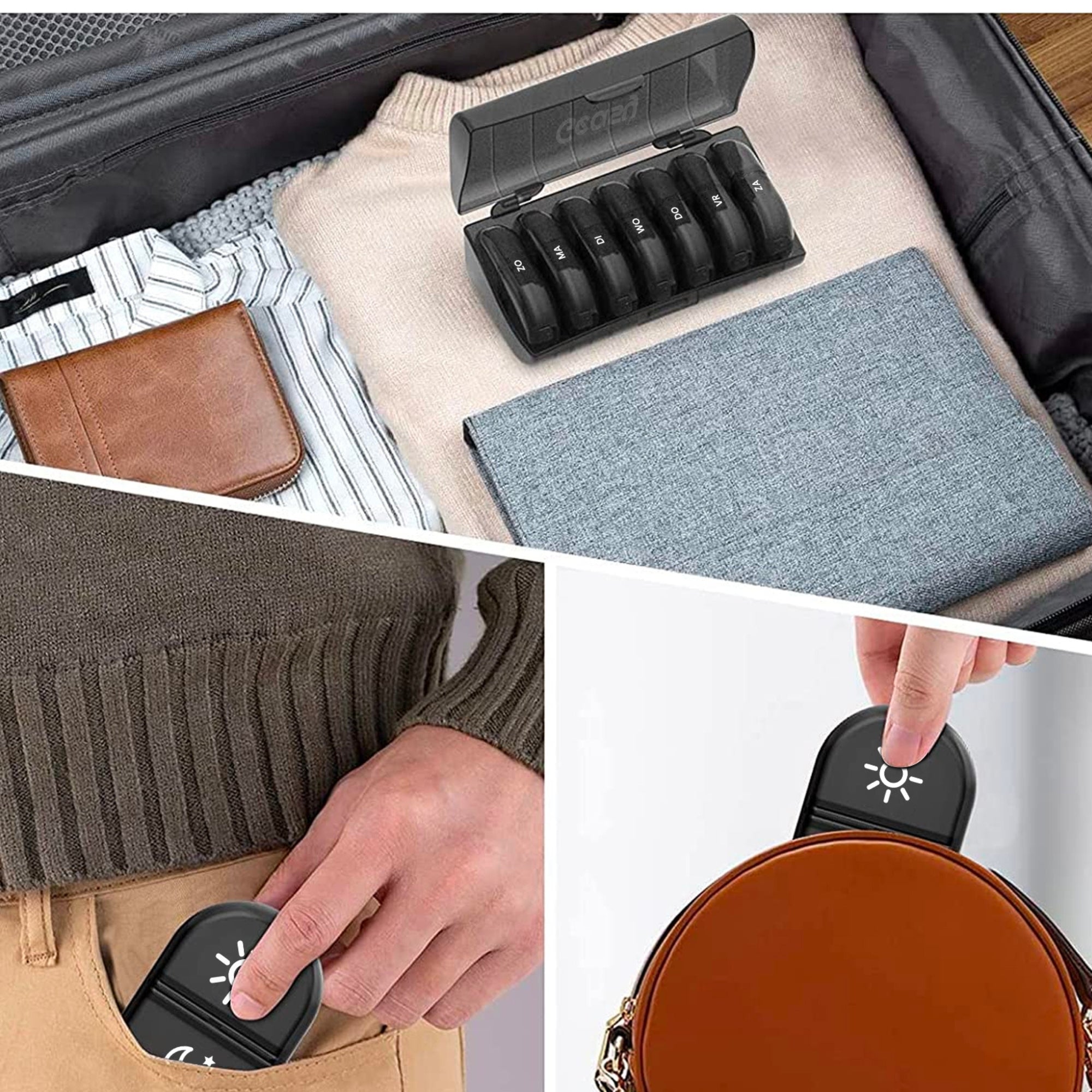 Pillendoos voor op reis 7 dagen 2 vakken zwart – compact formaat, perfect voor handbagage en dagelijks gebruik.