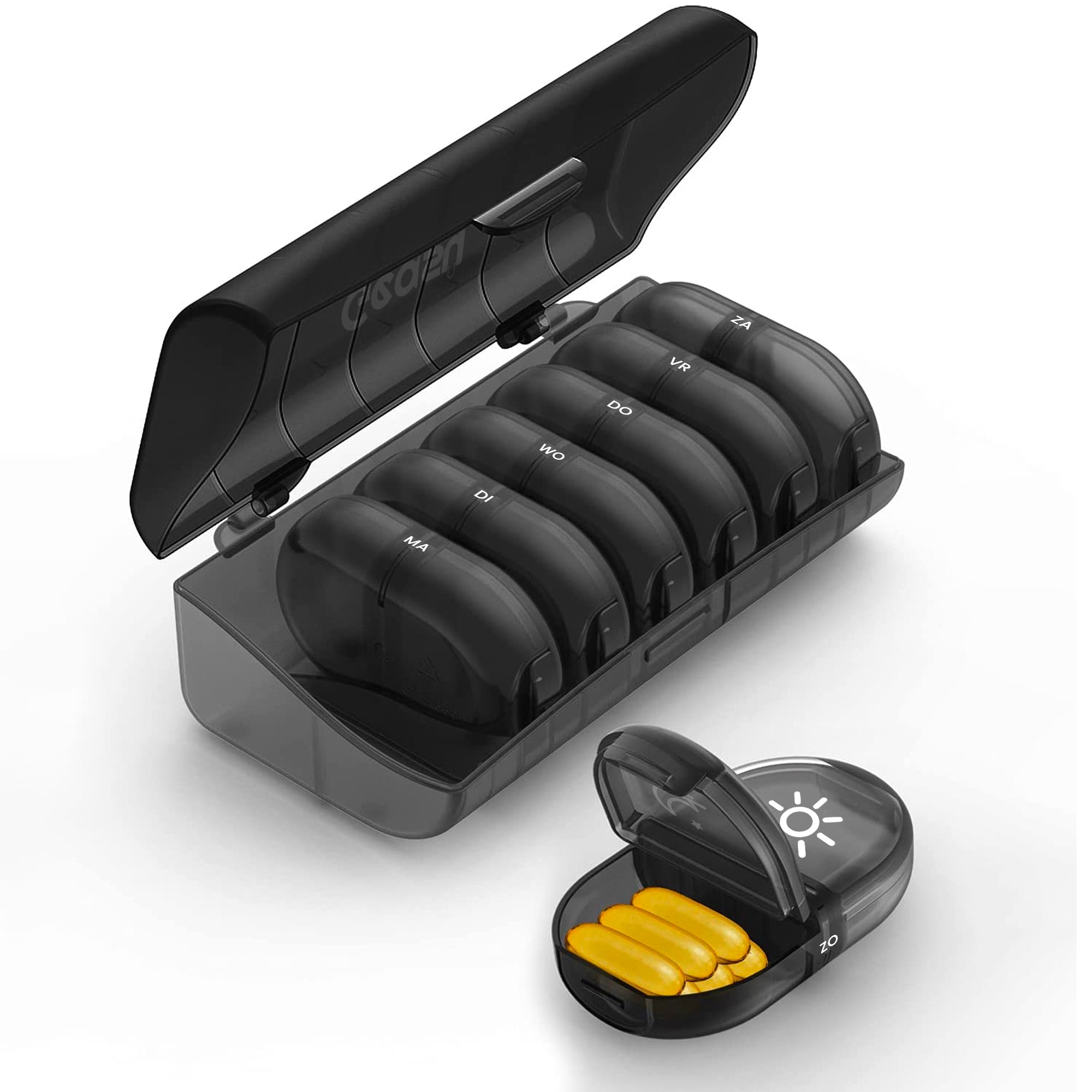 GEASY pillendoos 7 dagen 2 vakken zwart – medicijn organizer met ochtend- en avondindeling