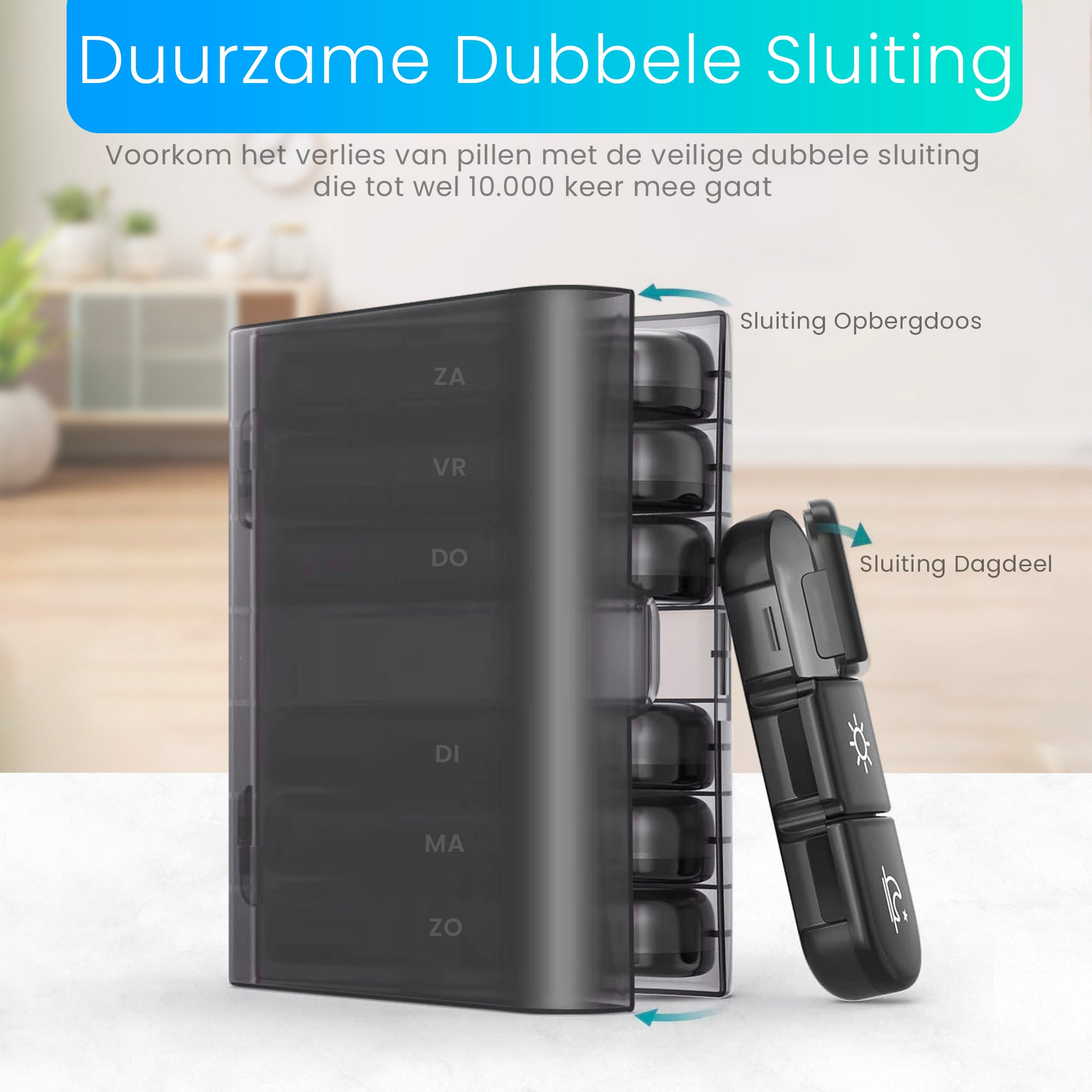 Medicijndoos met stevige dubbele sluiting – voorkomt verlies van pillen en ongewenste opening