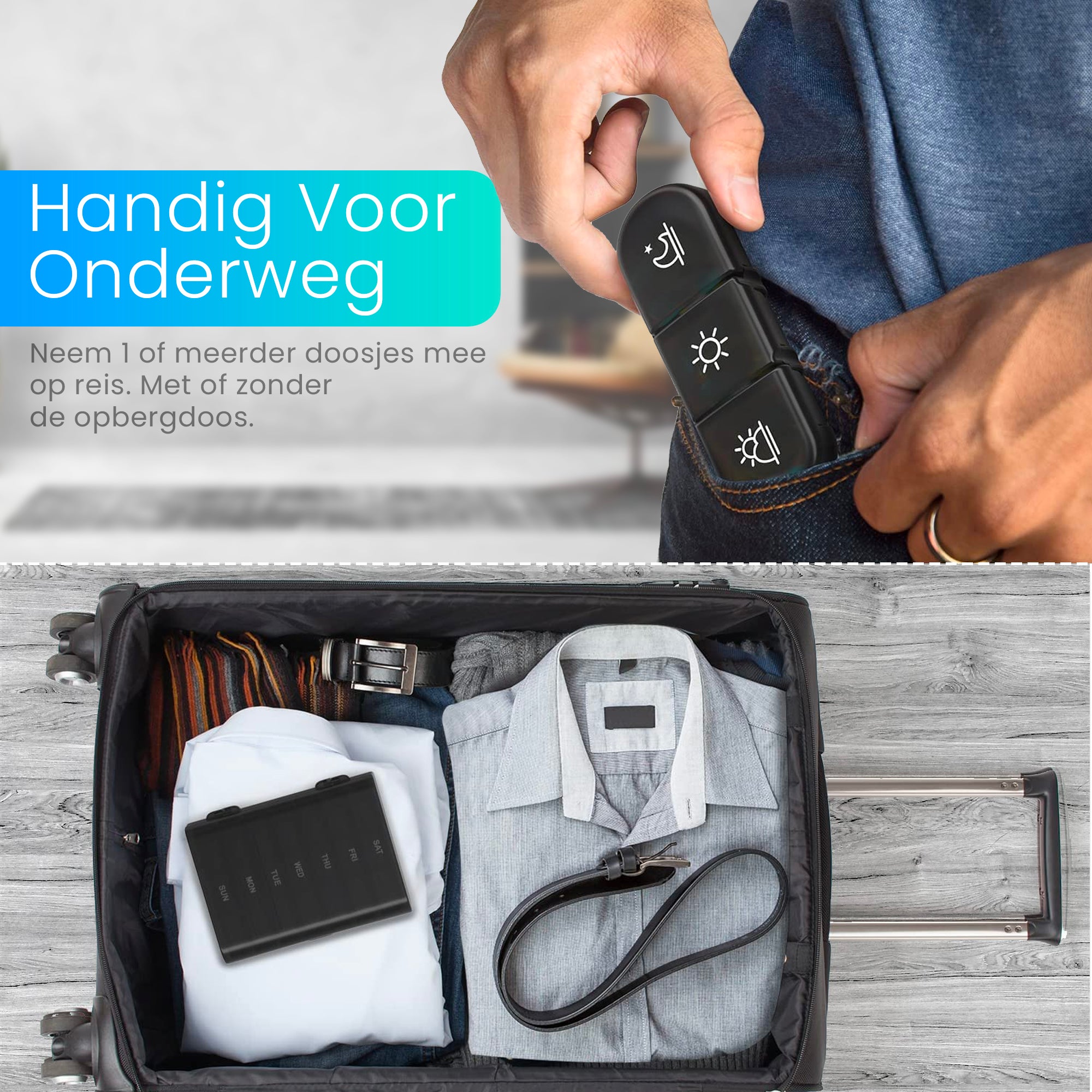 Pillendoos voor op reis 7 dagen 3 vakken zwart – compact formaat, perfect voor handbagage en dagelijks gebruik