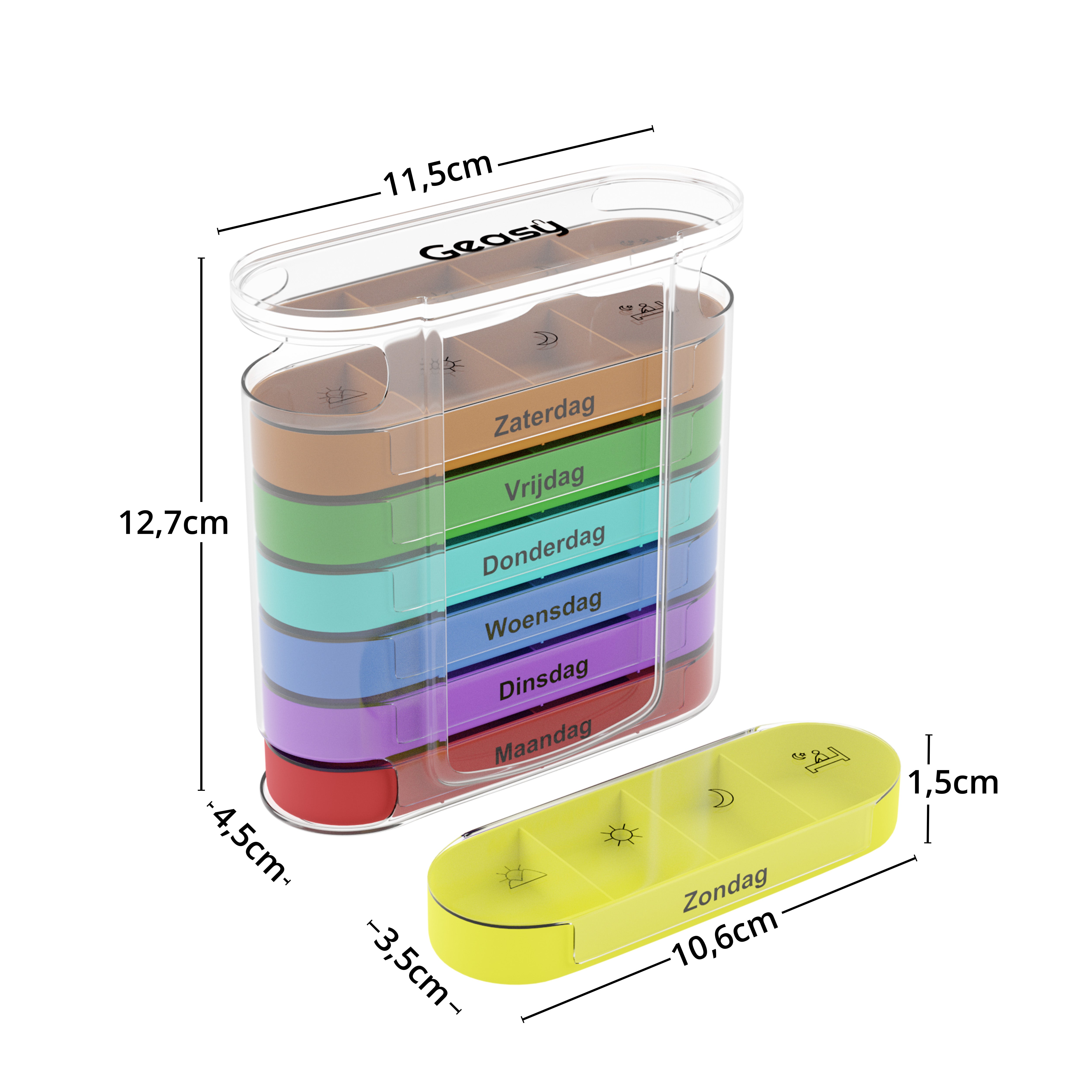 Pillendoos 7 dagen 4 vakken transparant-gekleurd – compact en overzichtelijk formaat
