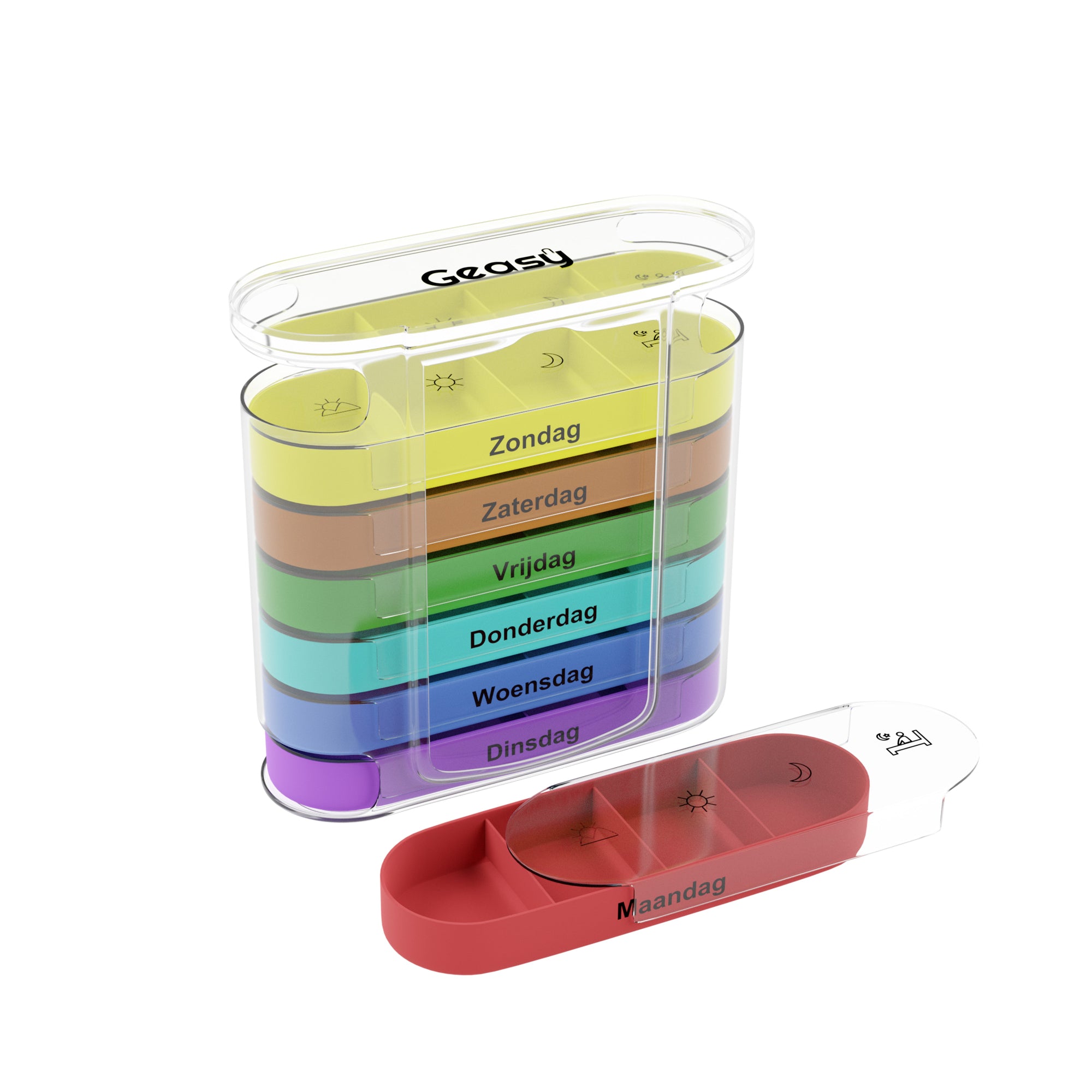 GEASY pillendoos 7 dagen 4 vakken transparant-gekleurd – medicijn organizer met handige schuiffunctie