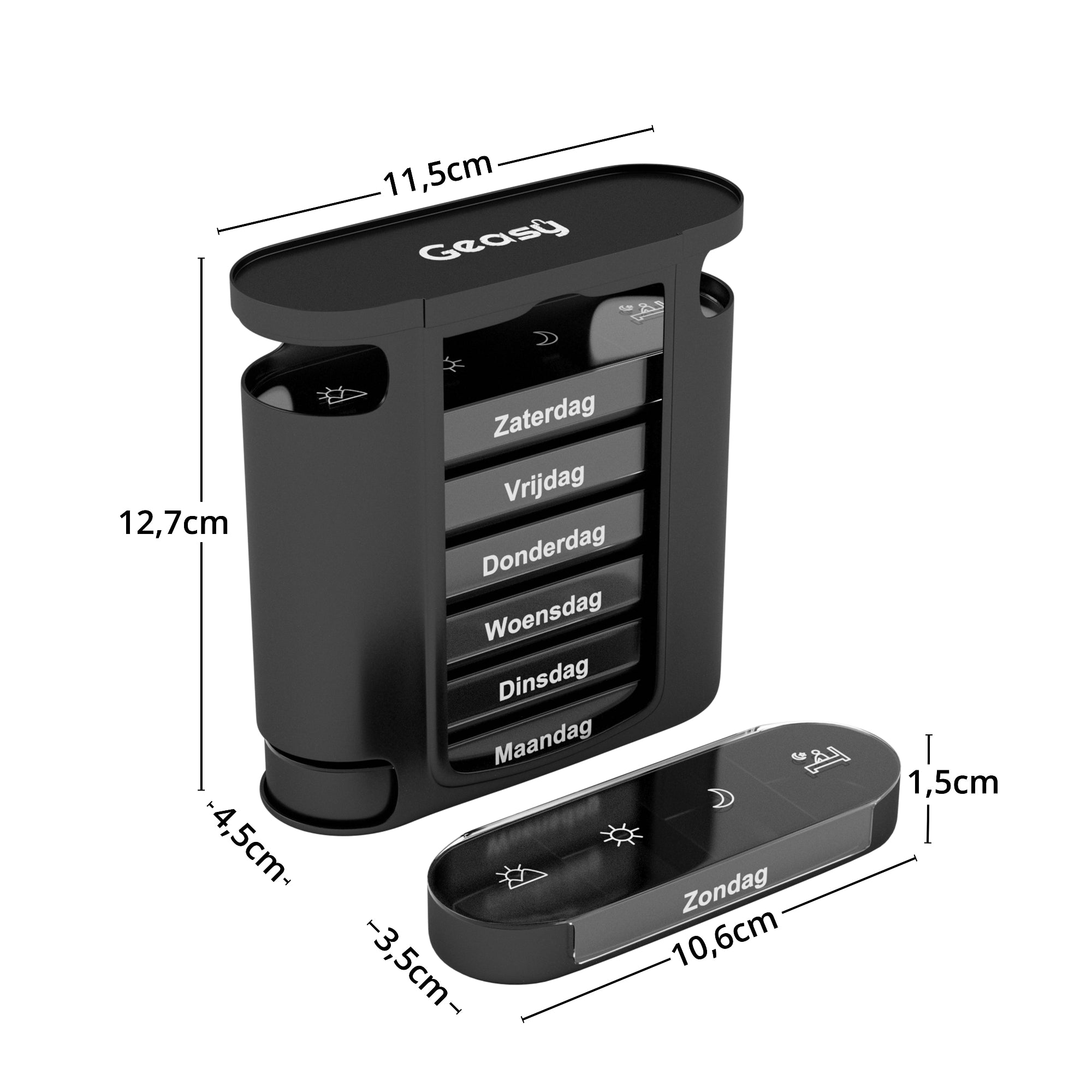 Pillendoos 7 dagen 4 vakken zwart – compacte medicijn organizer met handig schuifsysteem