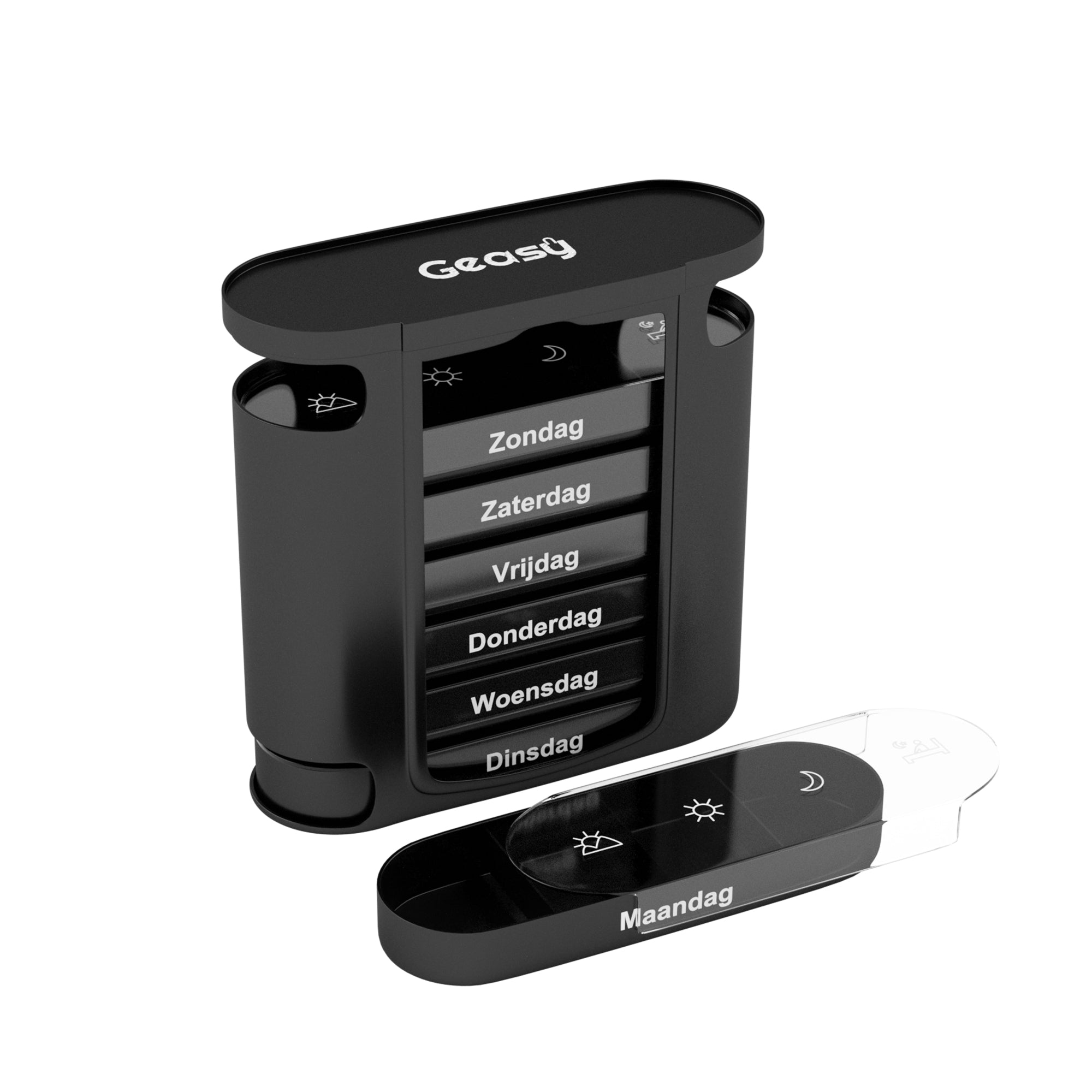 GEASY pillendoos 7 dagen 4 vakken zwart – medicijn organizer met ochtend-, middag-, avond- en nachtvakken