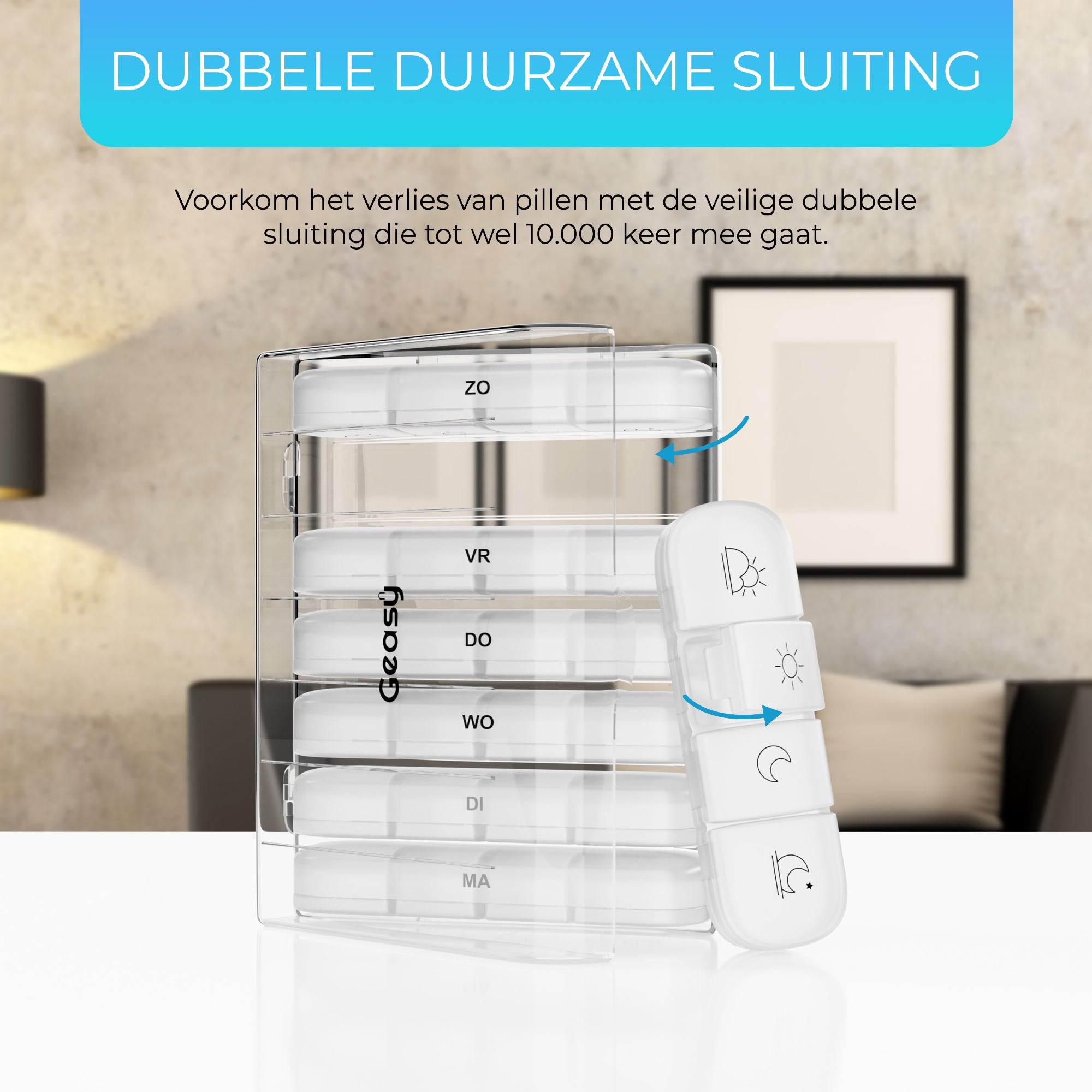 Medicijndoos met stevige dubbele sluiting – voorkomt verlies van pillen en ongewenste opening