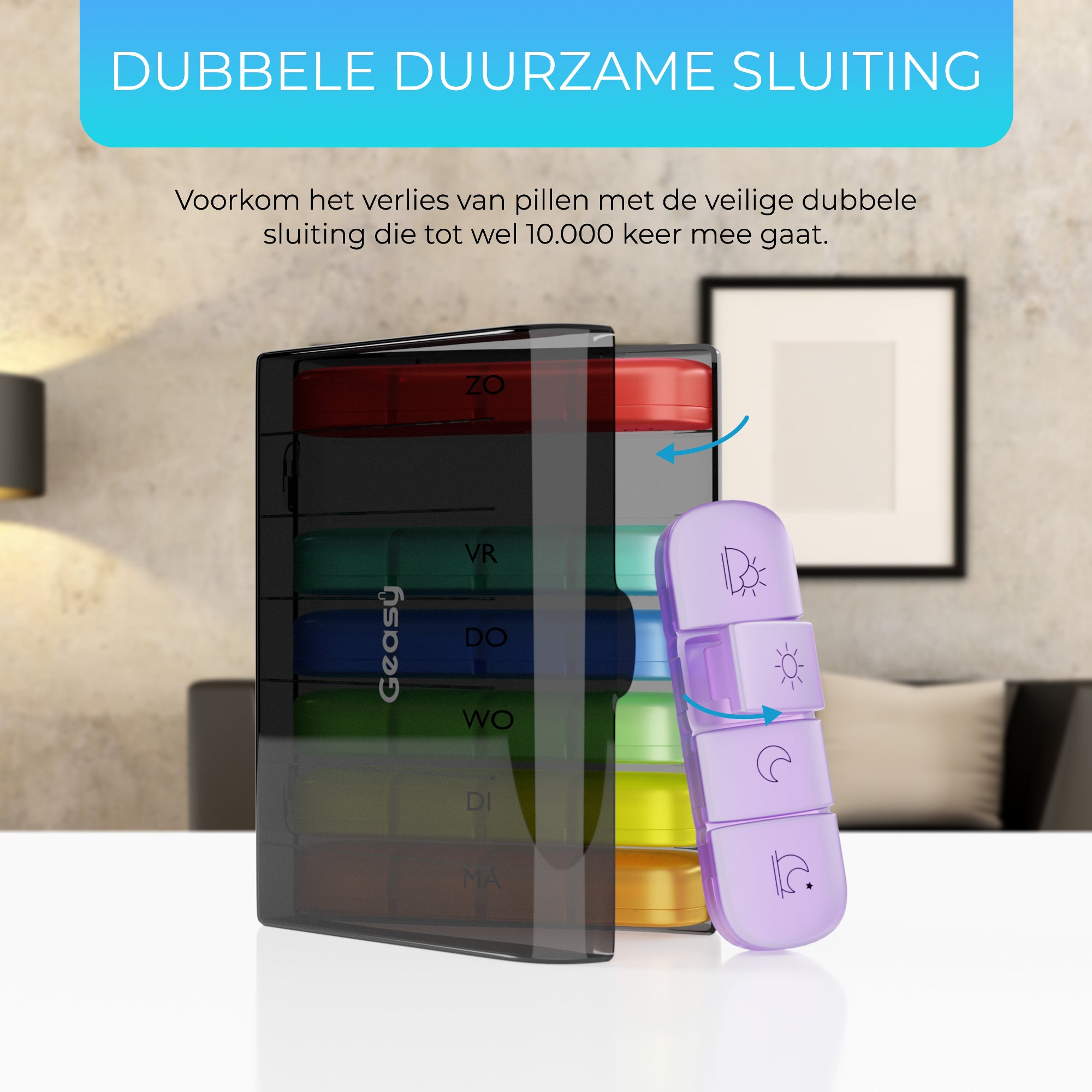 Medicijndoos met stevige dubbele sluiting – voorkomt verlies van pillen en ongewenste opening