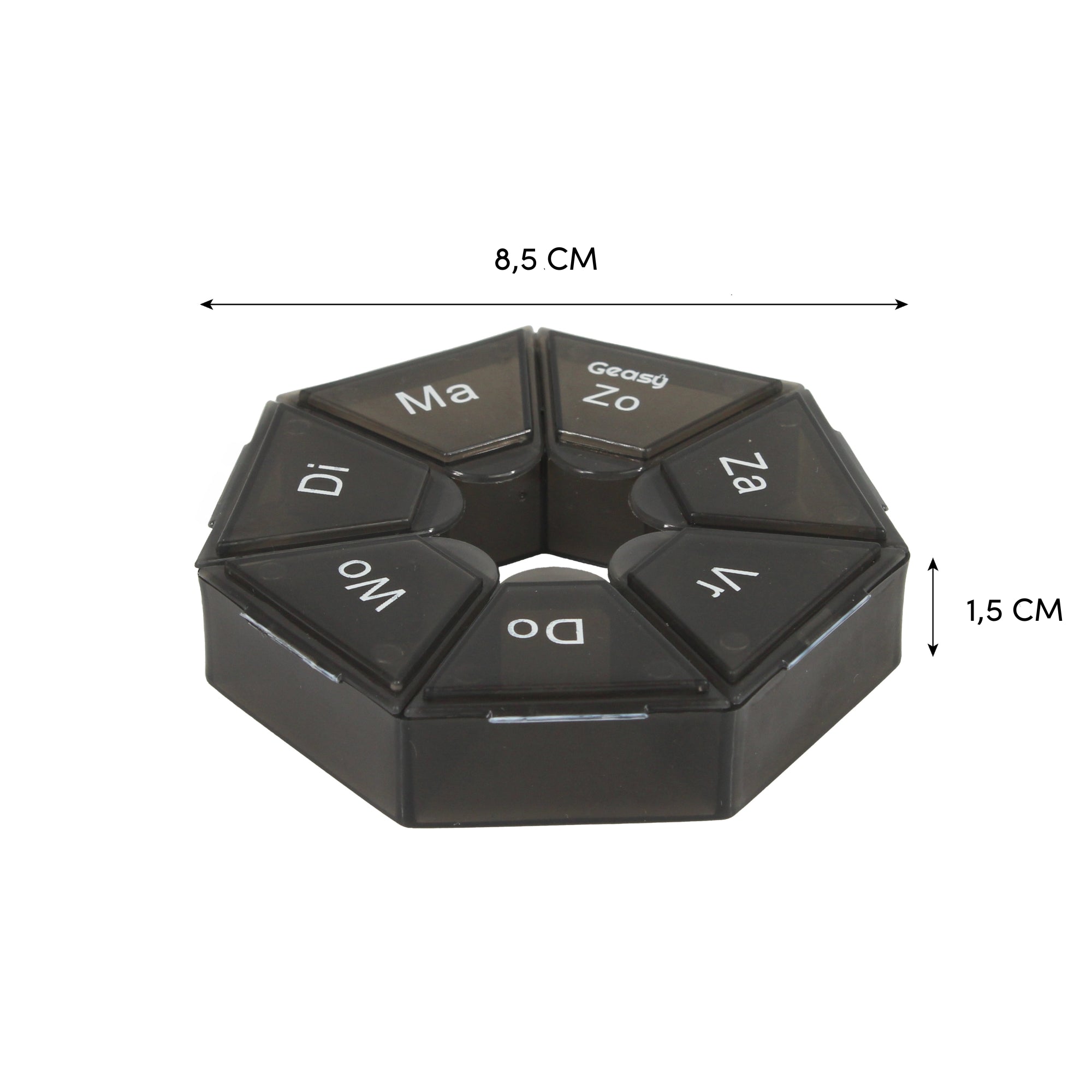 Ronde zwarte GEASY pillendoos met 7 compartimenten voor elke dag van de week, duidelijk gelabeld met afkortingen in het Nederlands (Ma, Di, Wo, Do, Vr, Za, Zo). Compact formaat van 8,5 cm breed en 1,5 cm hoog – ideaal voor dagelijks gebruik of onderweg.