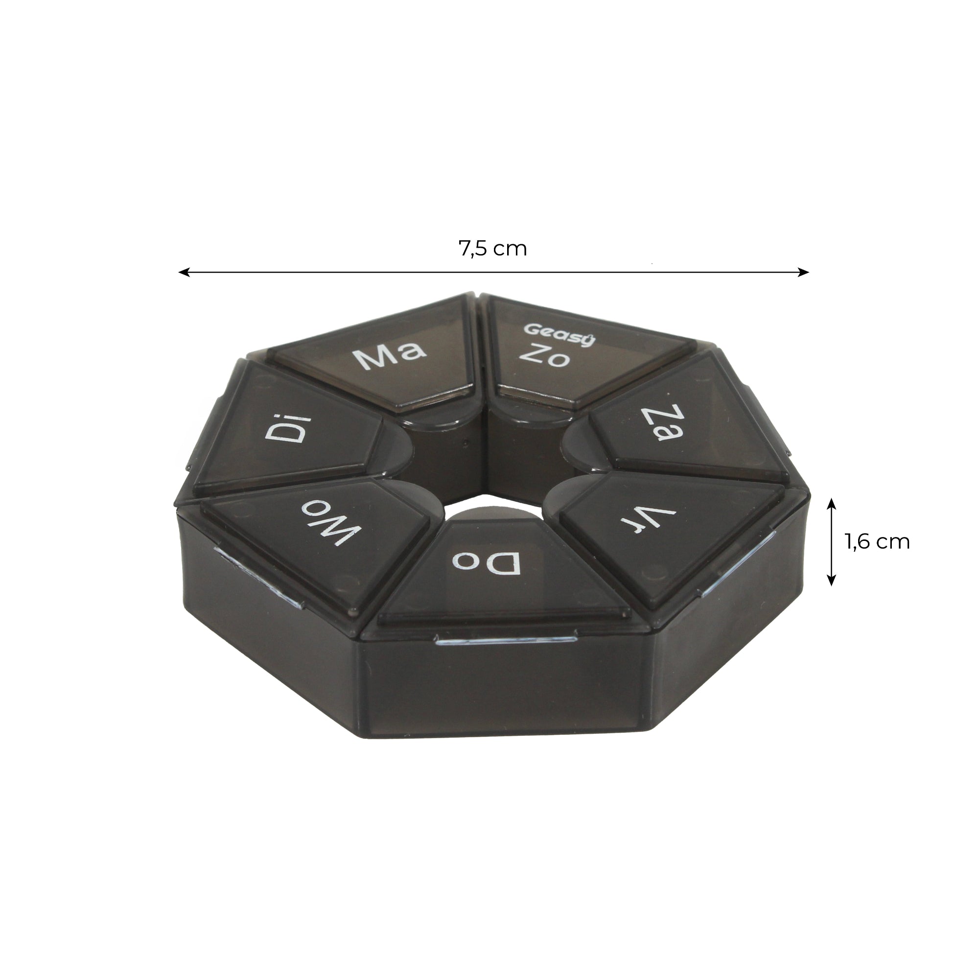 Pillendoos 7 dagen compact zwart – maatindicatie maat S