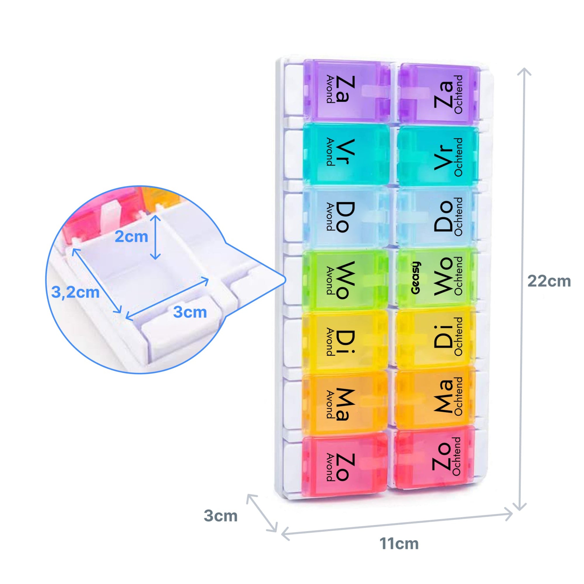 Pillendoos 7 dagen kliksysteem gekleurd 2 vakken – compact en overzichtelijk formaat