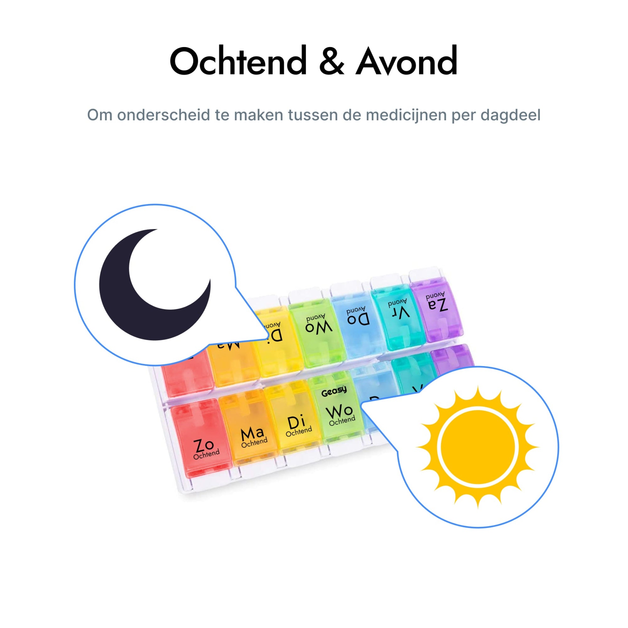GEASY pillendoos 7 dagen kliksysteem gekleurd 2 vakken – aparte indeling voor ochtend en avondmedicatie