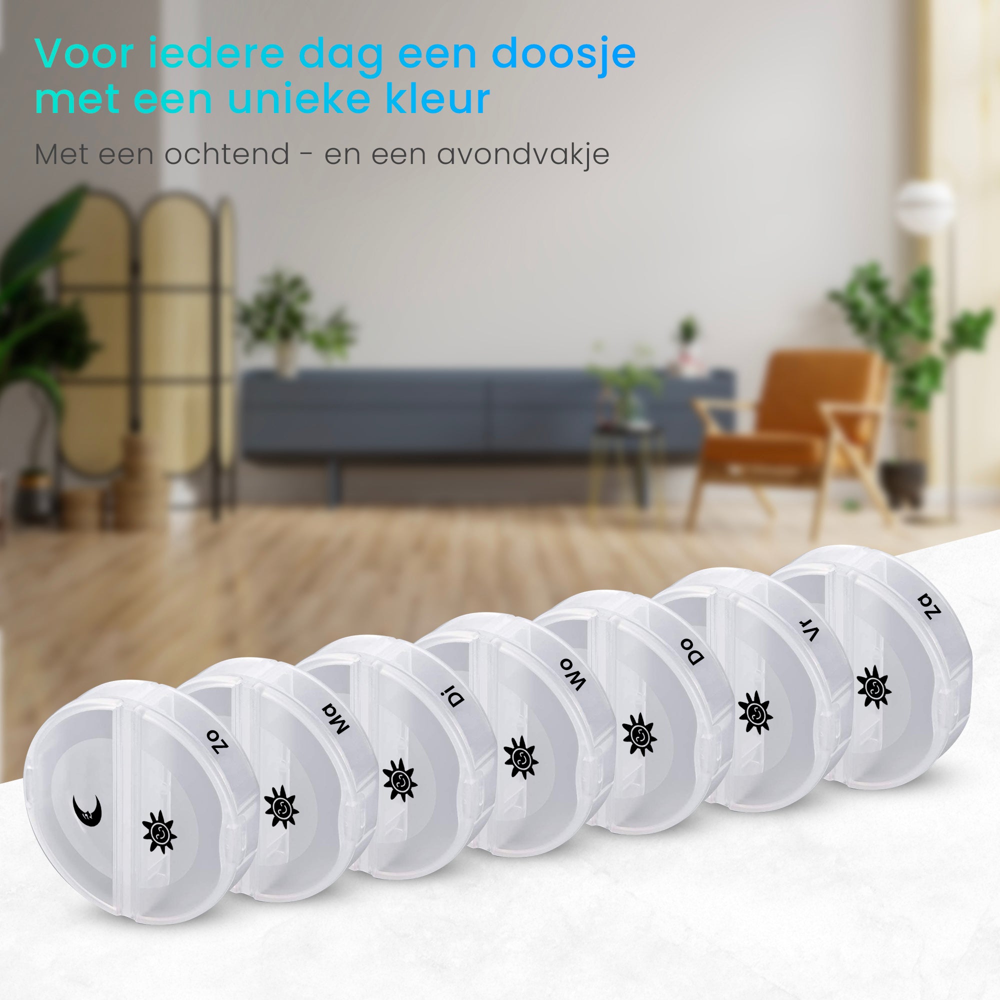 Pillendoos 7-dagen rond – losse dagdoosjes met aparte vakken voor ochtend en avond