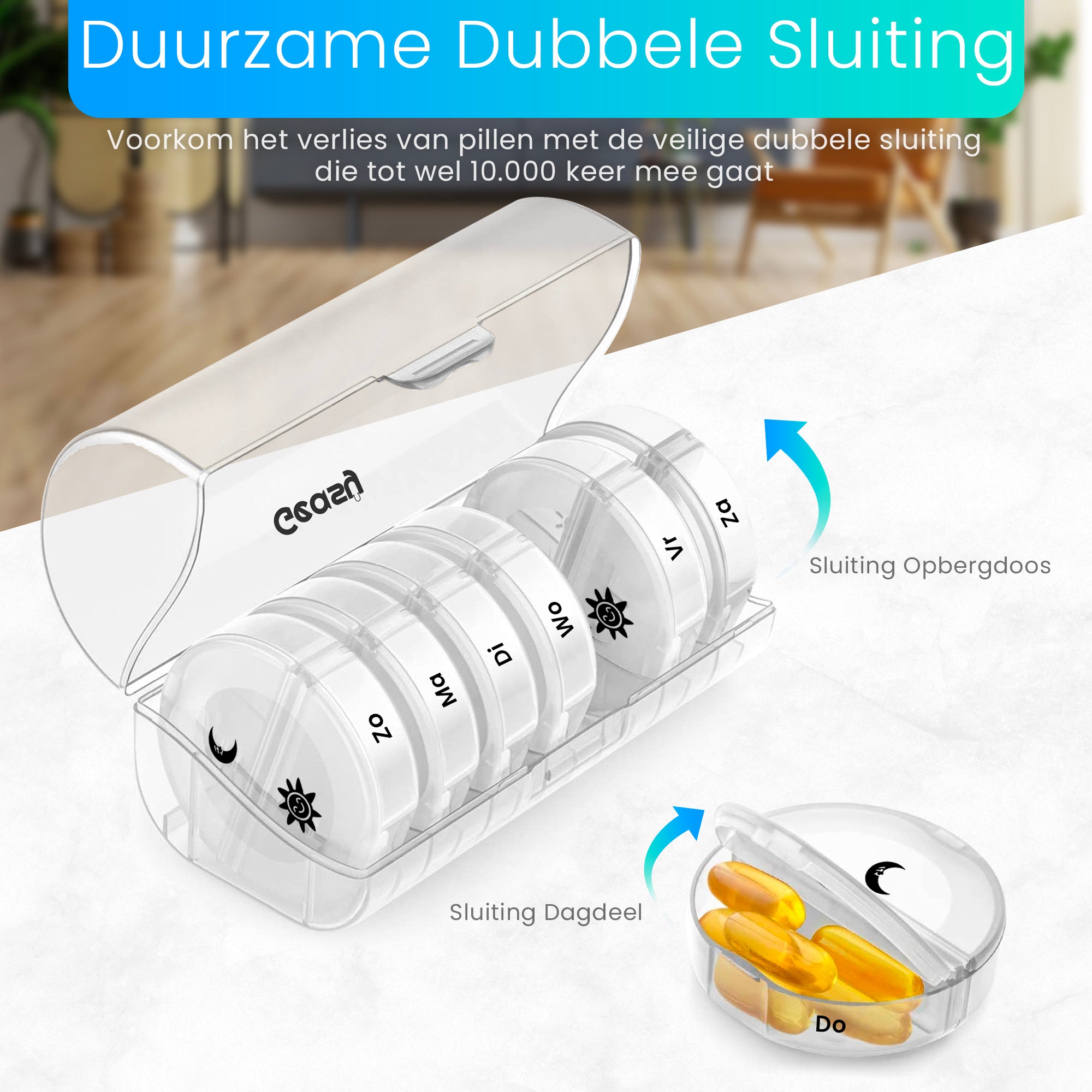 Medicijndoos met dubbele sluiting – voorkomt verlies van pillen en ongewenste opening