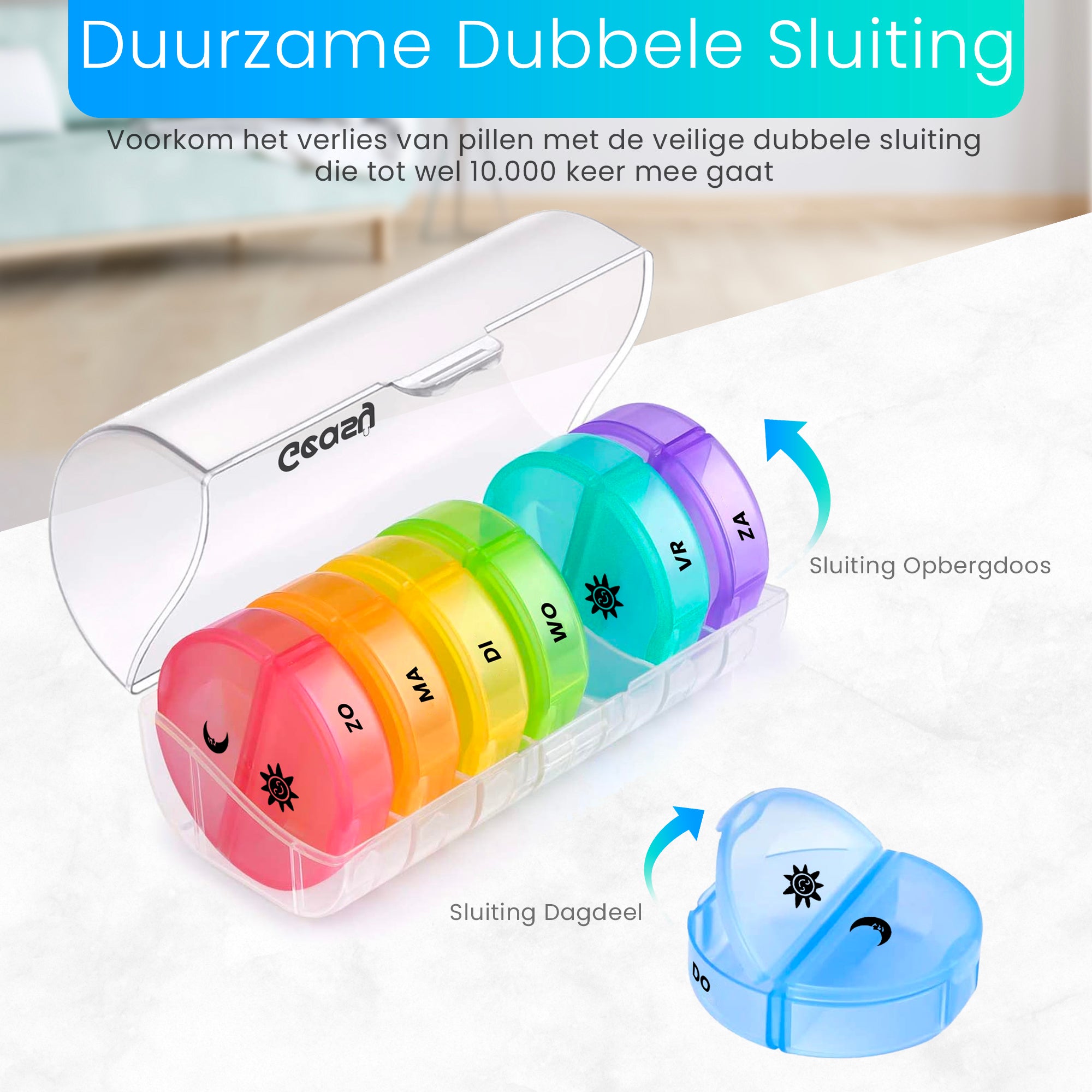 Medicijndoos met dubbele sluiting – voorkomt verlies van pillen en ongewenste opening