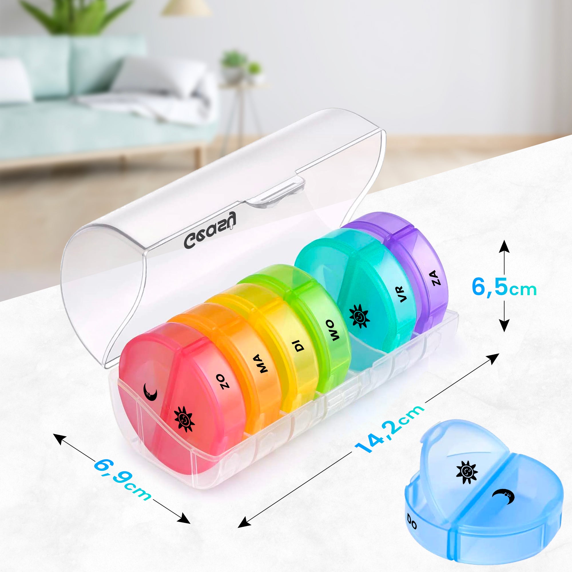 Pillendoos 7-dagen rond transparant-gekleurd – compacte en handige medicijn organizer