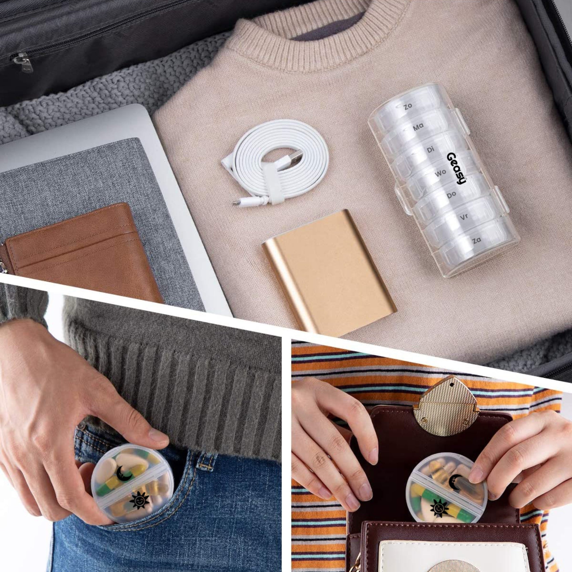 Compacte pillendoos 7-dagen rond transparant – past in broekzak of tas