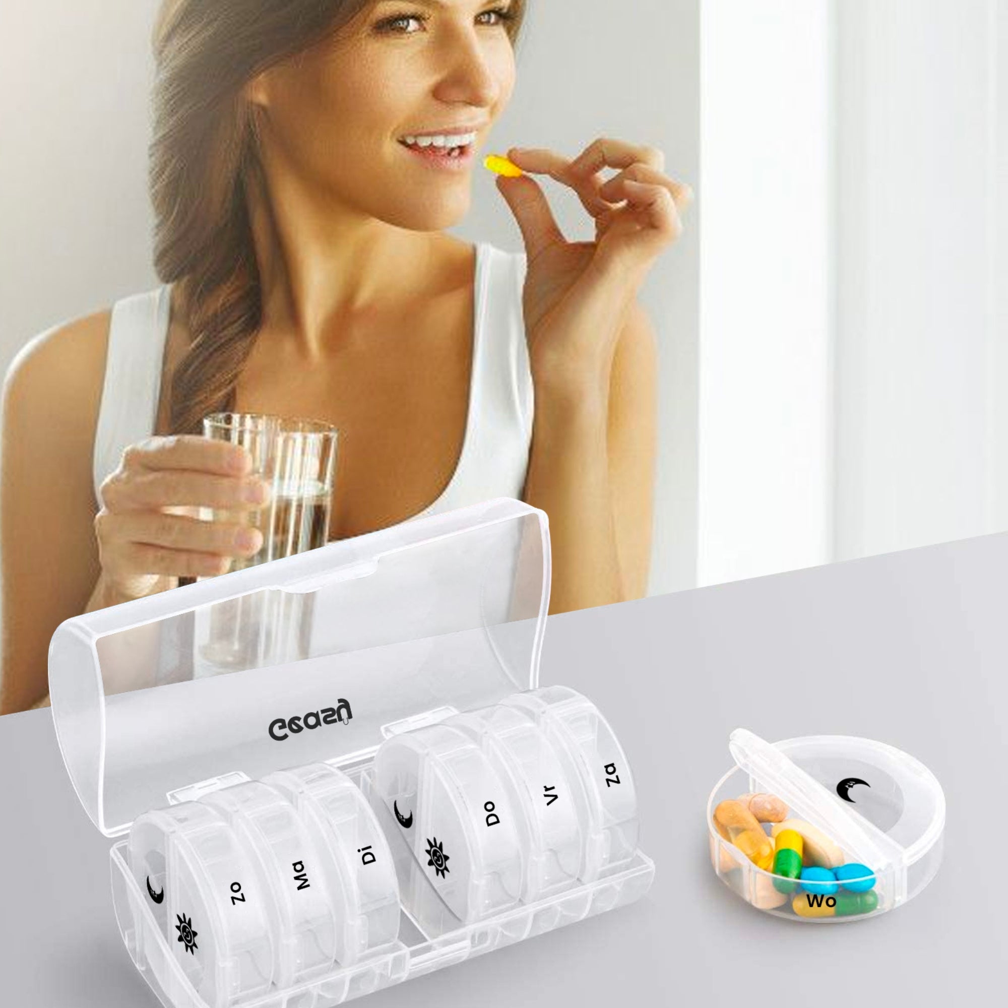 Reisvriendelijke pillendoos 7-dagen rond transparant – ideaal voor onderweg en op vakantie